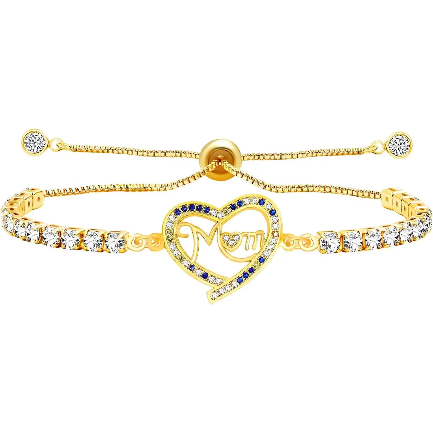 Mother’s Day Bracelet for Mom,  Heart MOM Charm Bracelet with Sparkling Cubic Zirconia, Women's Birthday   for Mother Wife Grandma