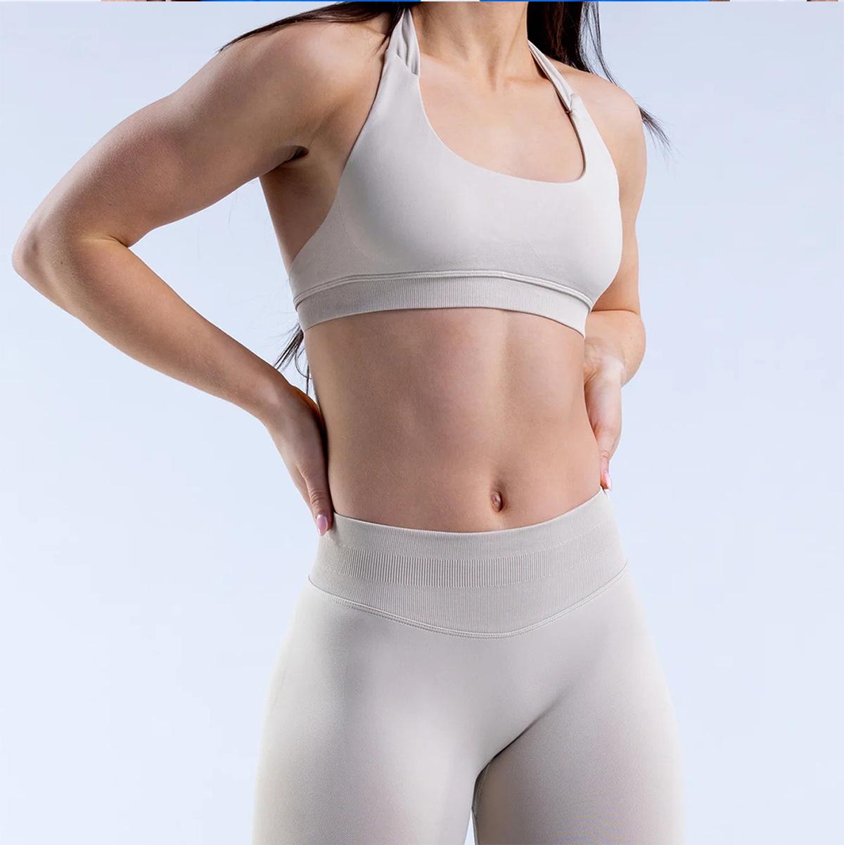 Seamless High Stretch Halter Sports Bra, Ultra Soft Matte Nylon Backless Criss Cross Workout Bra for Yoga Fitness