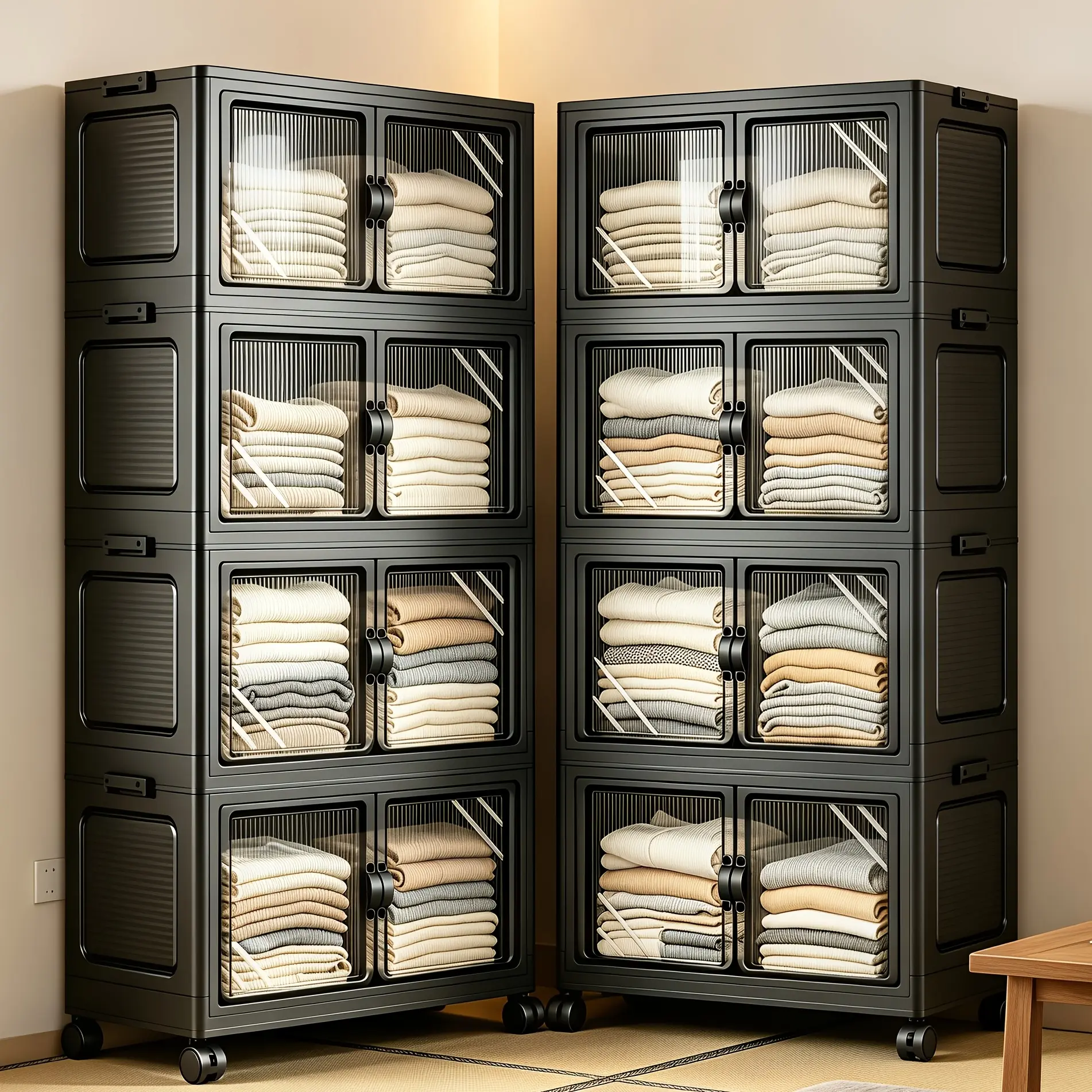 Plastic Wardrobe Organizer Easy to Assemble, Freestanding Movable Foldable Double Door Large Capacity Storage Cabinet with Universal Wheels, Ideal for Bedroom Dorm Apartment Organization & Storage