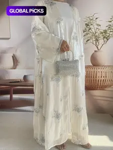 Women's Silver-Colored Rose Embroidered Organza Abaya 2-Piece Set, Open Front Abaya & Inner Dress, Elegant Outfit for Special Occasions, Floral Embellished Abaya
