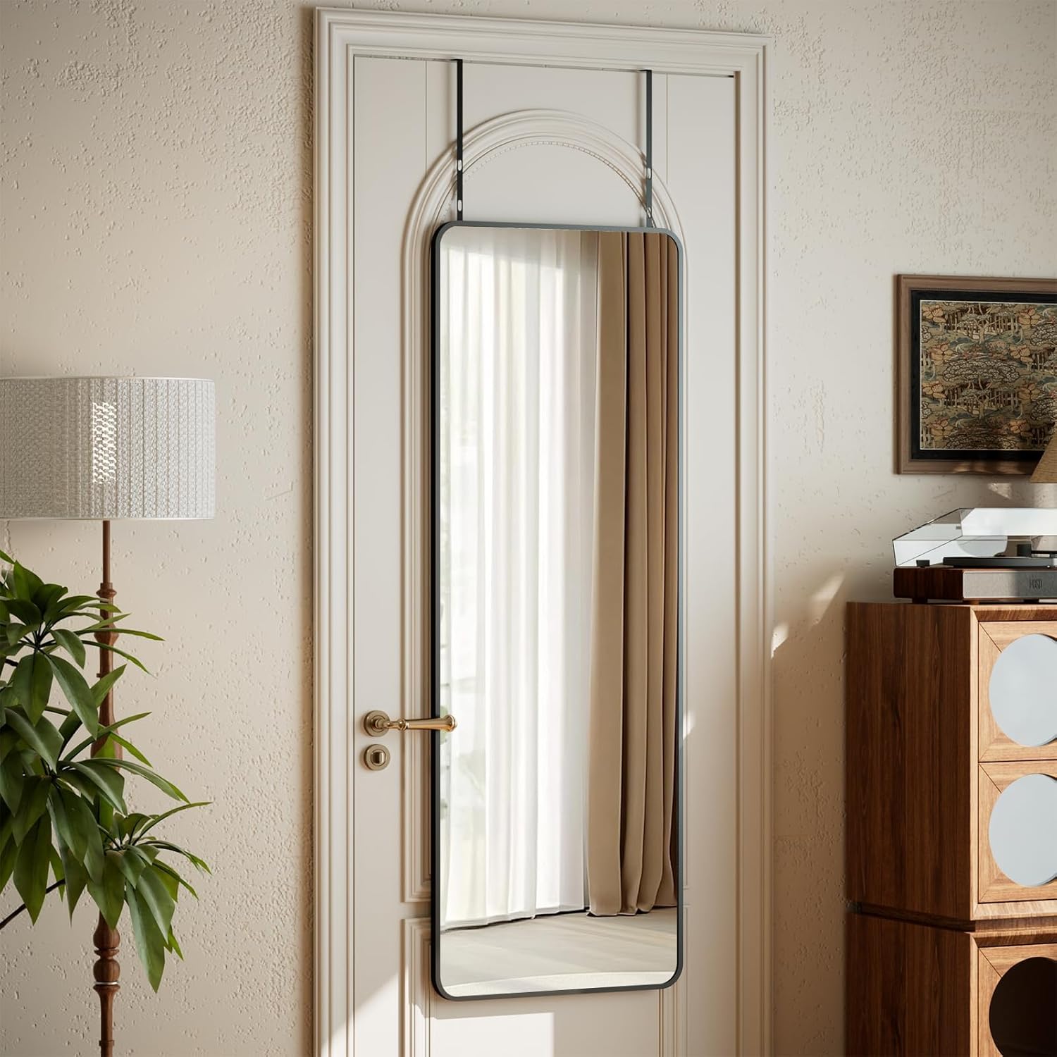 14"x48" Full Length Over The Door Mirror -  Alloy Frame Full  Mirror with Height-Adjustable Hangers, Hanging Leaning Against Wall for Dorm, Black