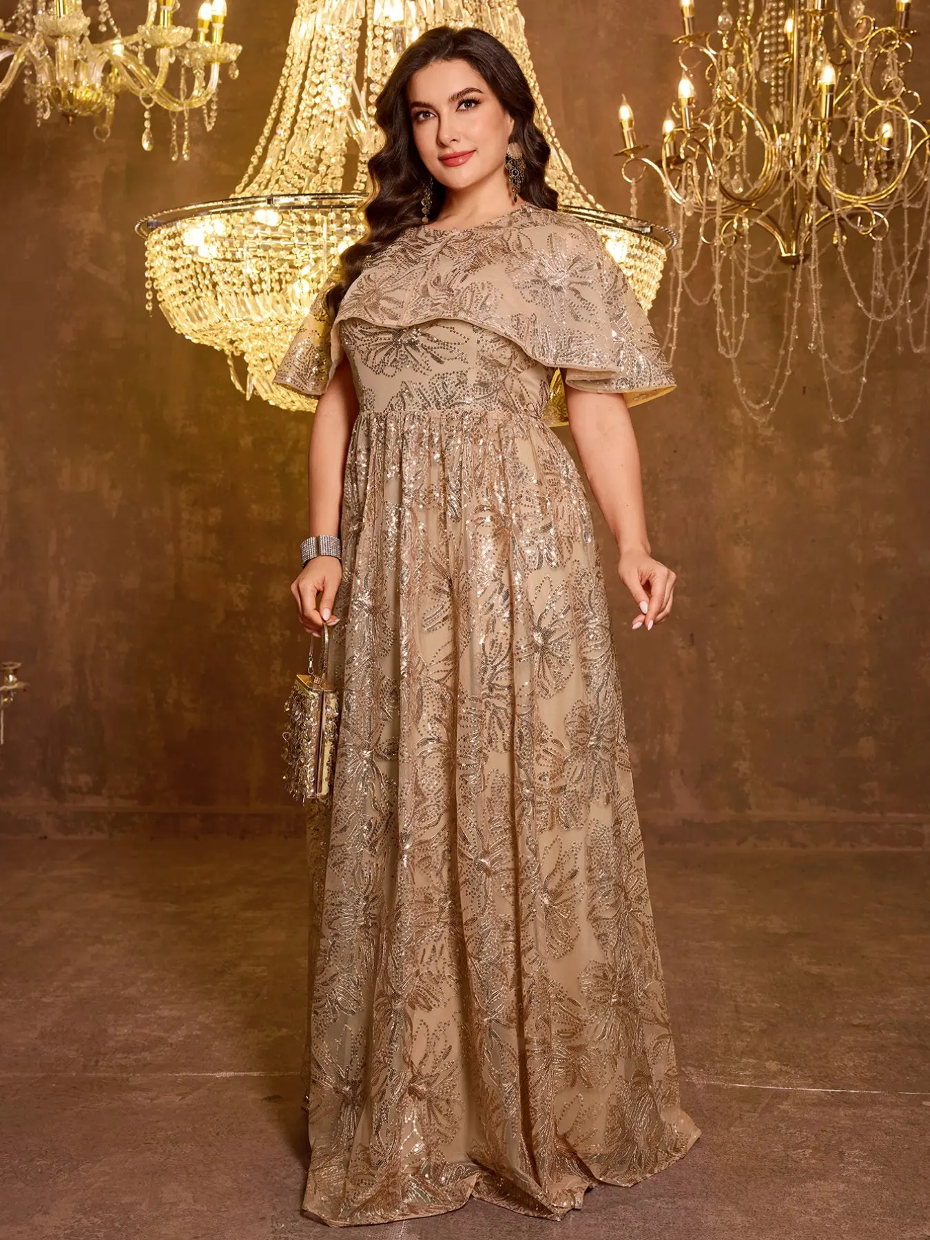 Plus Size Sequin Two-Piece Evening Dress, Detachable Shawl, High Waist Long Party Gown, Perfect for Weddings and Events