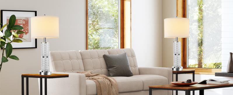 3-Way Touch Control Crystal Table Lamps Set of 2, Silver Modern Bedside Lamp with 2 USB Ports & AC Outlets for Living Room, 26' Tall Desk Lamps with White Drum Shade for Bedroom, 2 Free Bulbs Included