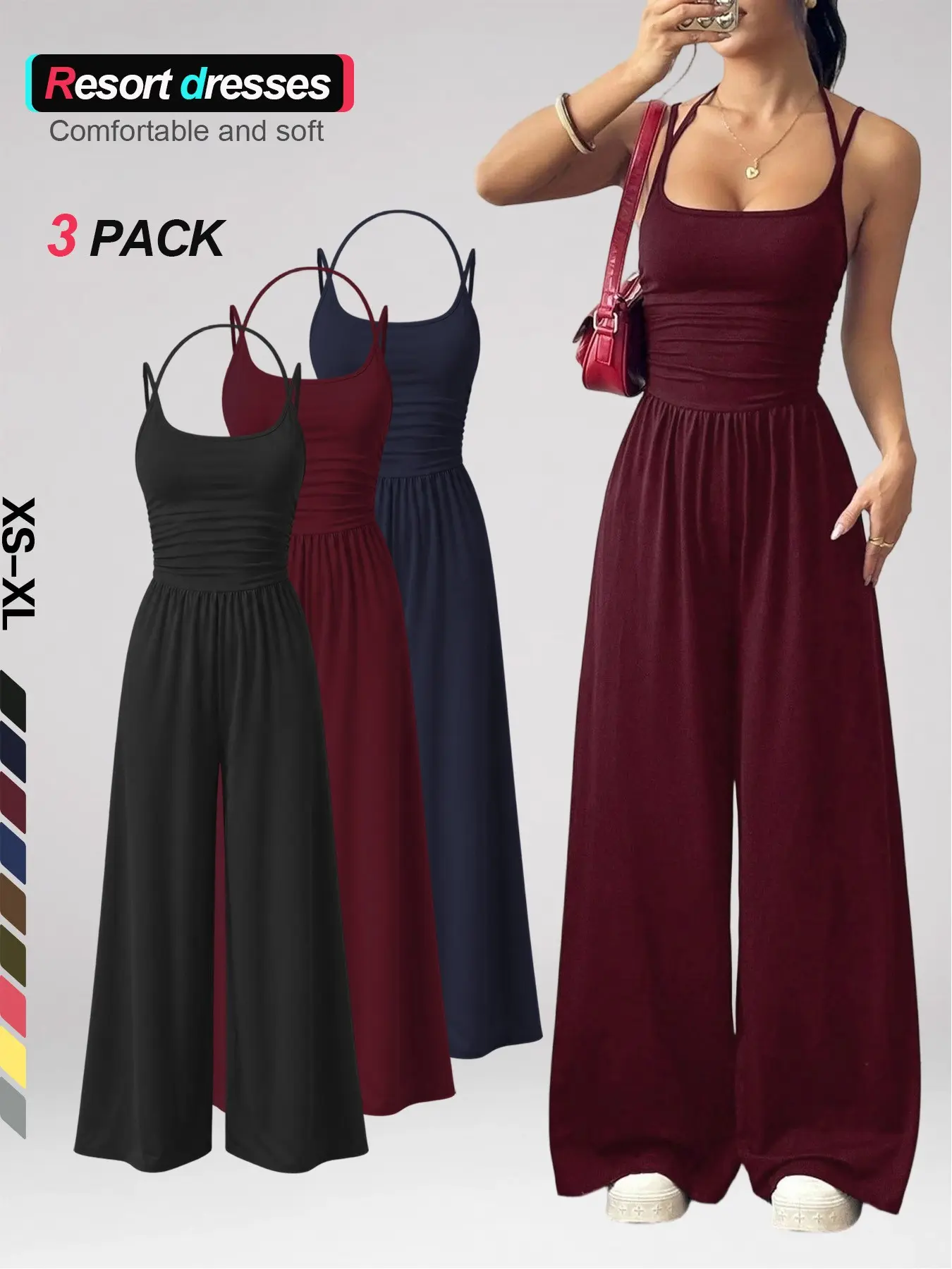 Women's One-Piece All-Season Lightweight Casual Minimalist Jumpsuit, Spaghetti Strap Wide-Leg Baggy Pants, Loungewear, Sweatsuit Outfit，Comfy Lounge Wear for Summer Vacation，Womenswear 2026