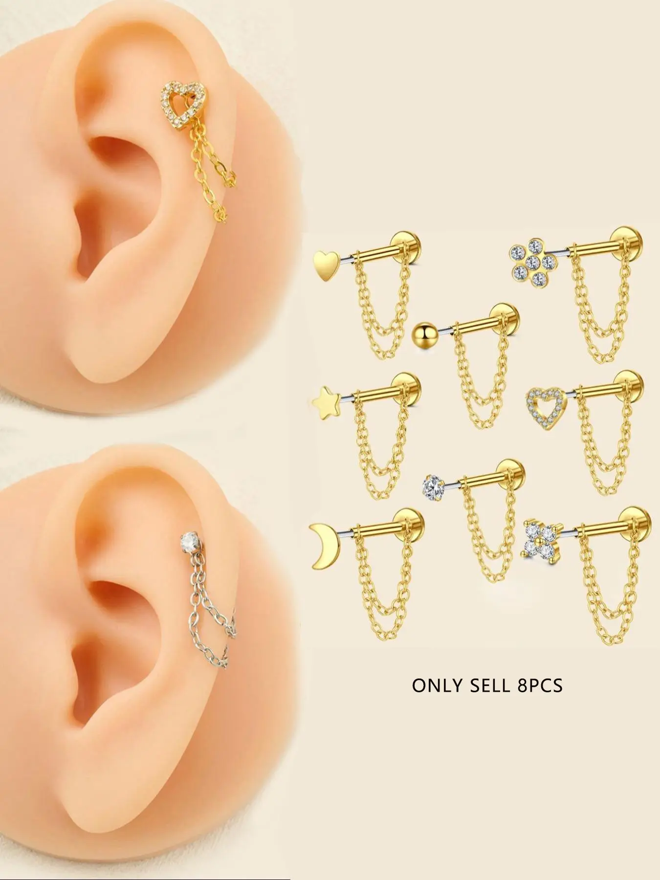 Unisex Stainless Steel Cz Heart Chain Earrings, 20g Push-Back Studs, Fashionable Jewelry Gift for Birthdays & Special Occasions, Chain Style, Trendy Fashionable Accessories, Zircon Stud Earrings, Cubic Zirconia