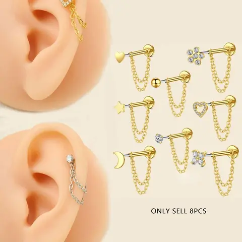 Unisex Stainless Steel Cz Heart Chain Earrings, 20g Push-Back Studs, Fashionable Jewelry Gift for Birthdays & Special Occasions, Chain Style, Trendy Fashionable Accessories, Zircon Stud Earrings, Cubic Zirconia