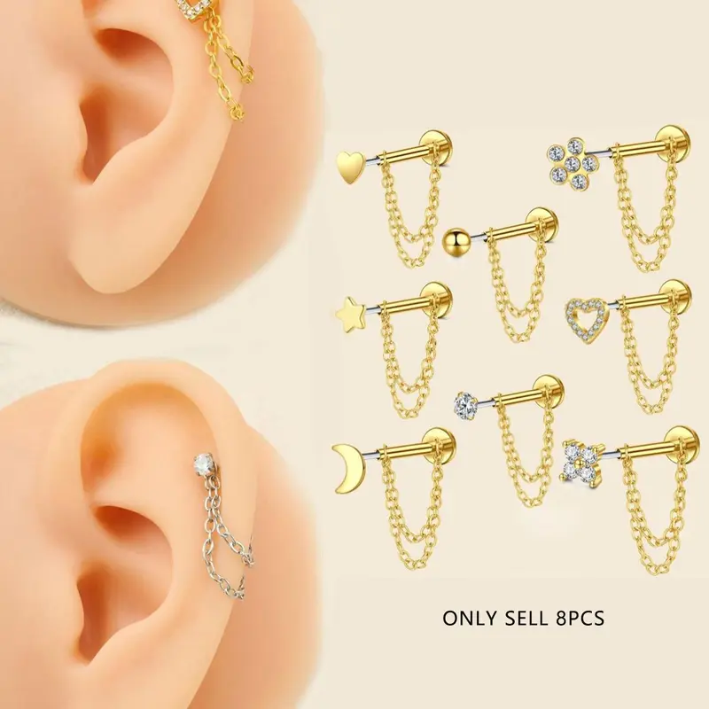 Unisex Stainless Steel Cz Heart Chain Earrings, 20g Push-Back Studs, Fashionable Jewelry Gift for Birthdays & Special Occasions, Chain Style, Trendy Fashionable Accessories, Zircon Stud Earrings, Cubic Zirconia