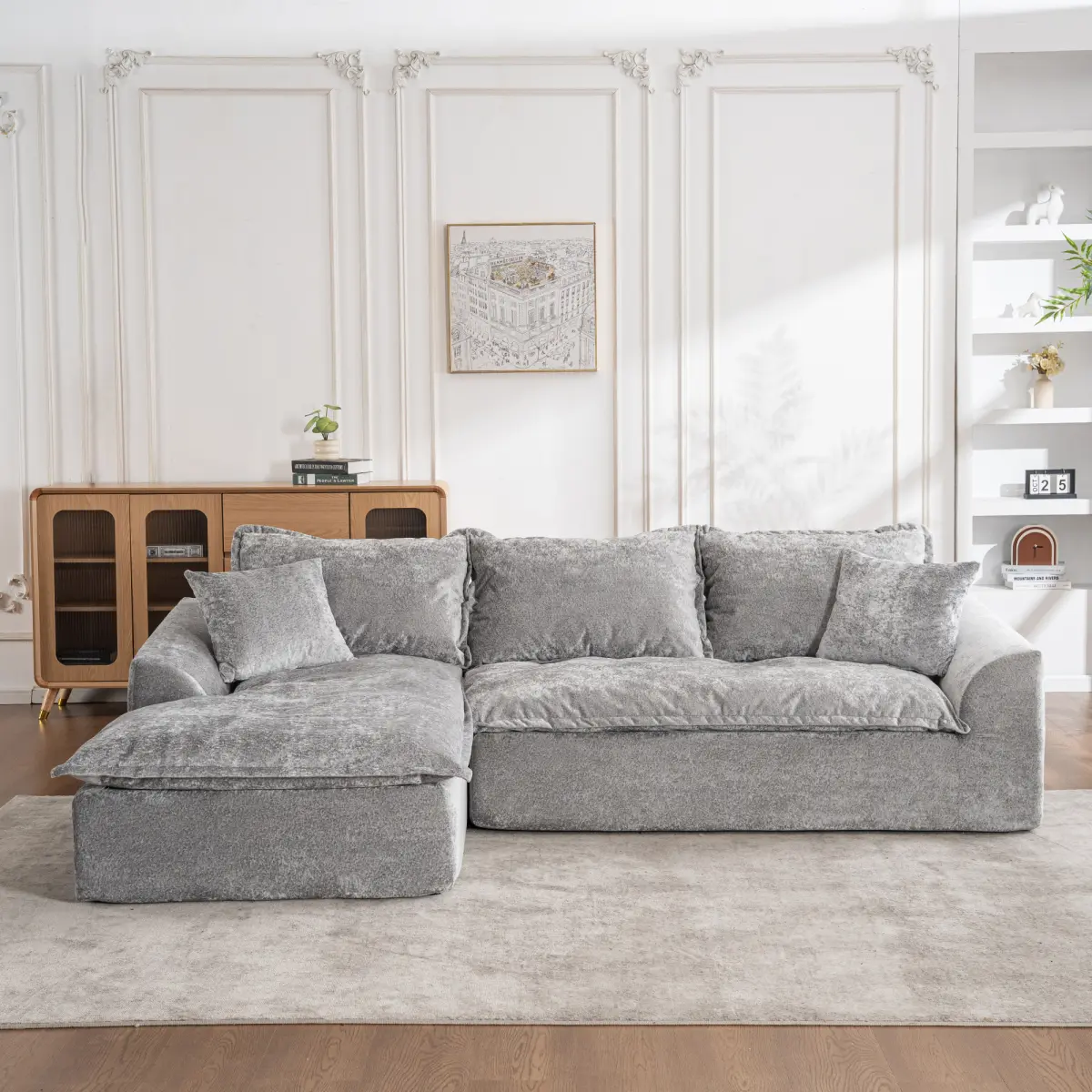 Aobtkel 103in L-Shaped Boneless Lazy Cloud Modular Sectional Couch with Chaise - Modern Chenille Upholstered Foam Cozy Indoor Home Entertainment Sofa, Durable, Fully Assembled Easy Setup (Gray), L Shaped Couch