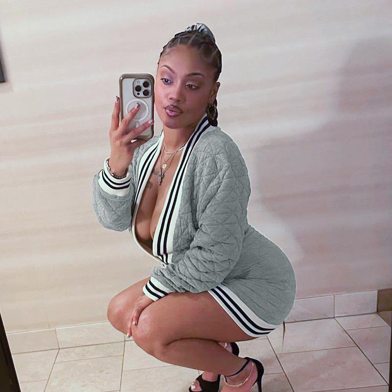 Sexy Deep V Quilted Cotton Long Sleeve Sweatshirt Dress Bodycon Dress