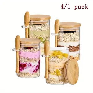 4-Pack 16oz Overnight Oat Glass Jars with Bamboo Lid, Airtight Jars, Large Capacity Breakfast Bowl, Food Storage Container, Kitchen Accessories