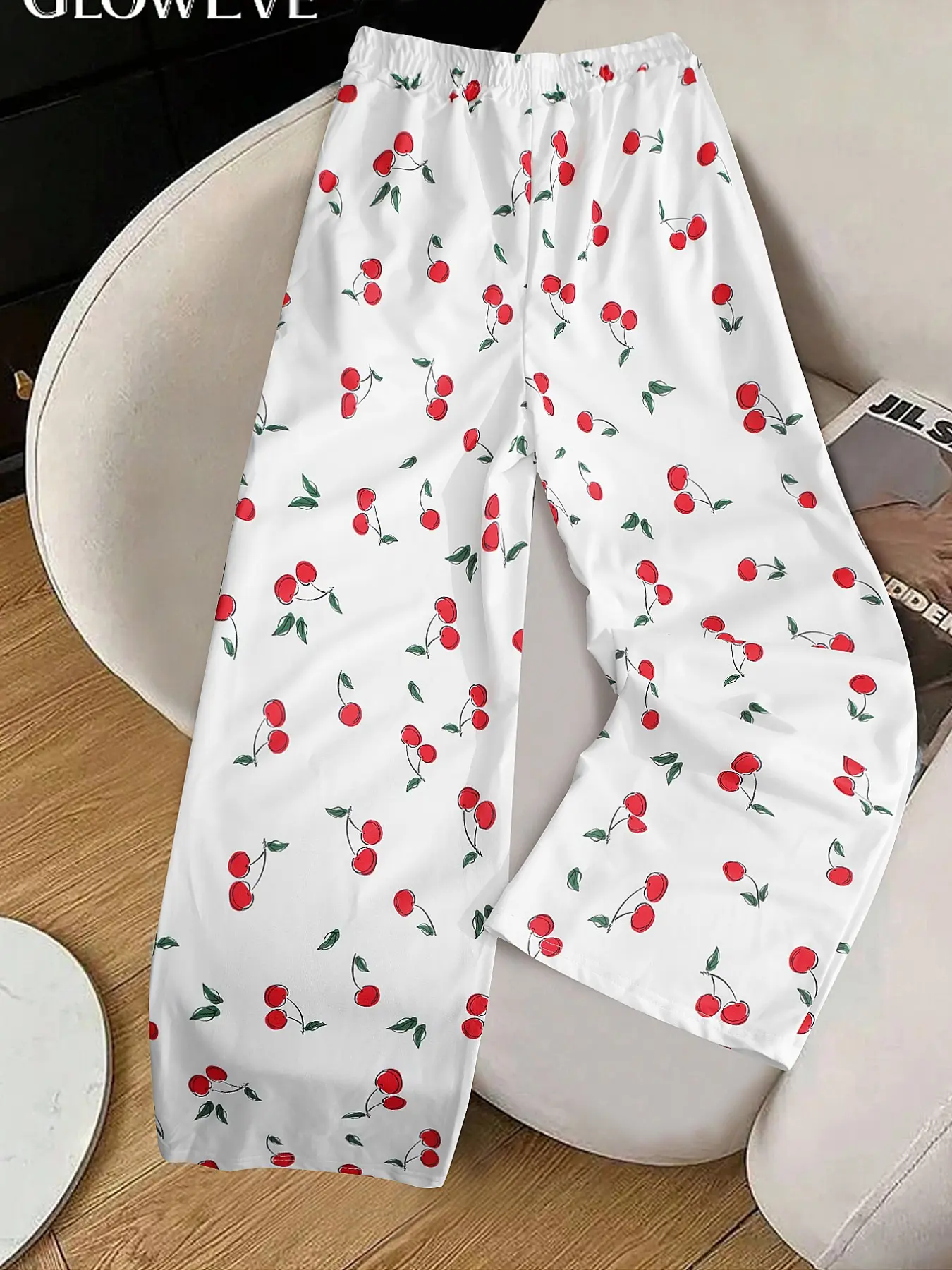 Women's Cherry Pattern Long Pants, Casual Comfortable Daily Wear, Straight-Leg Trousers for Spring and Summer, All-Over Print Design