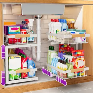 Under Sink Organizer 2 Pack, Adjustable Height (11"-15.75") Under Cabinet Storage, 2 Tier Pull Out Sliding Drawers for Kitchen Bathroom, Heavy Duty Metal Shelf, White