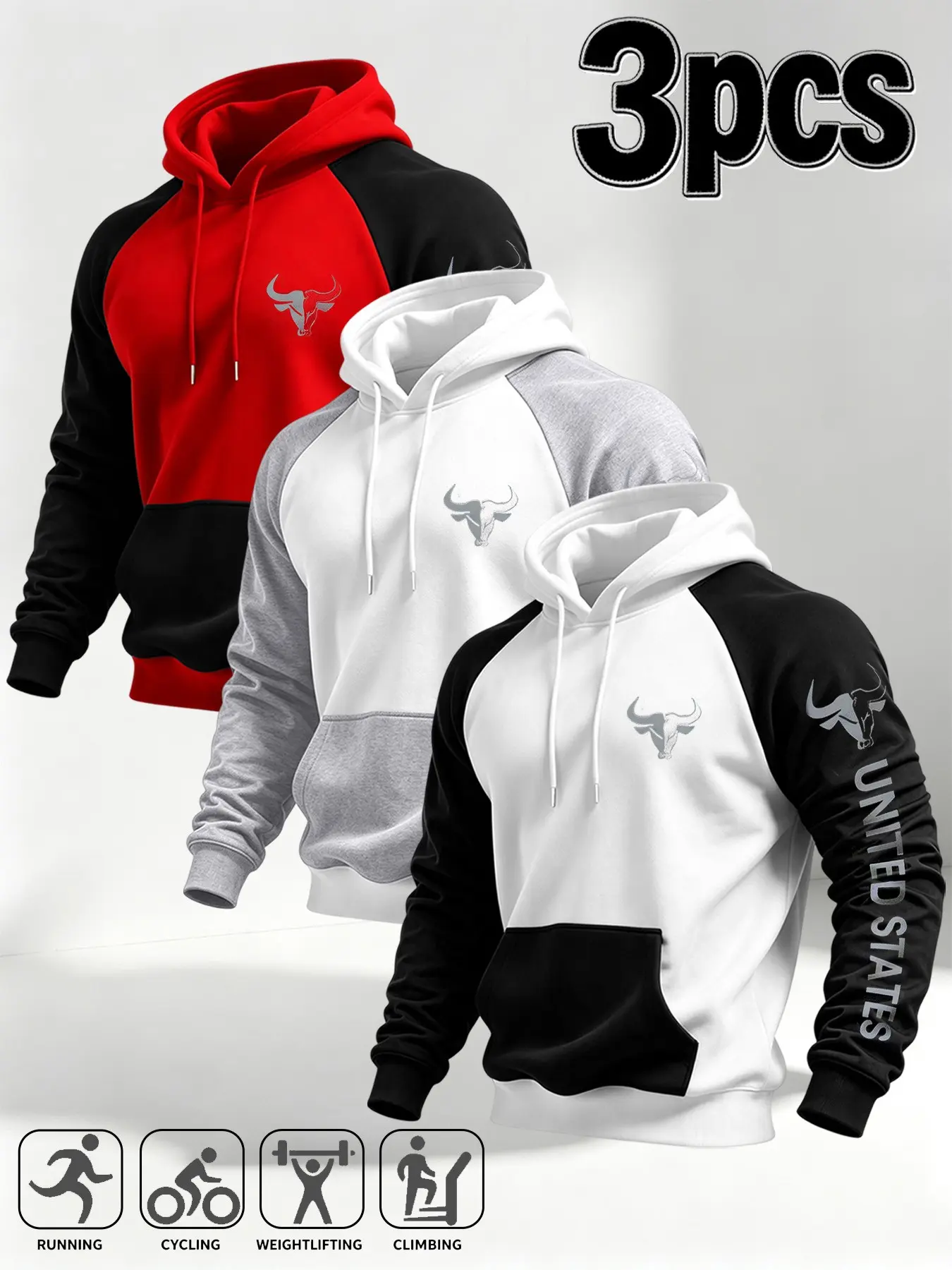 Men's Casual Sporty Hooded Sweatshirt, Patchwork Style, Bull Head Print, Trendy Streetwear, Harajuku Style Alternative Street Clothing, Casual Sporty Hoodies