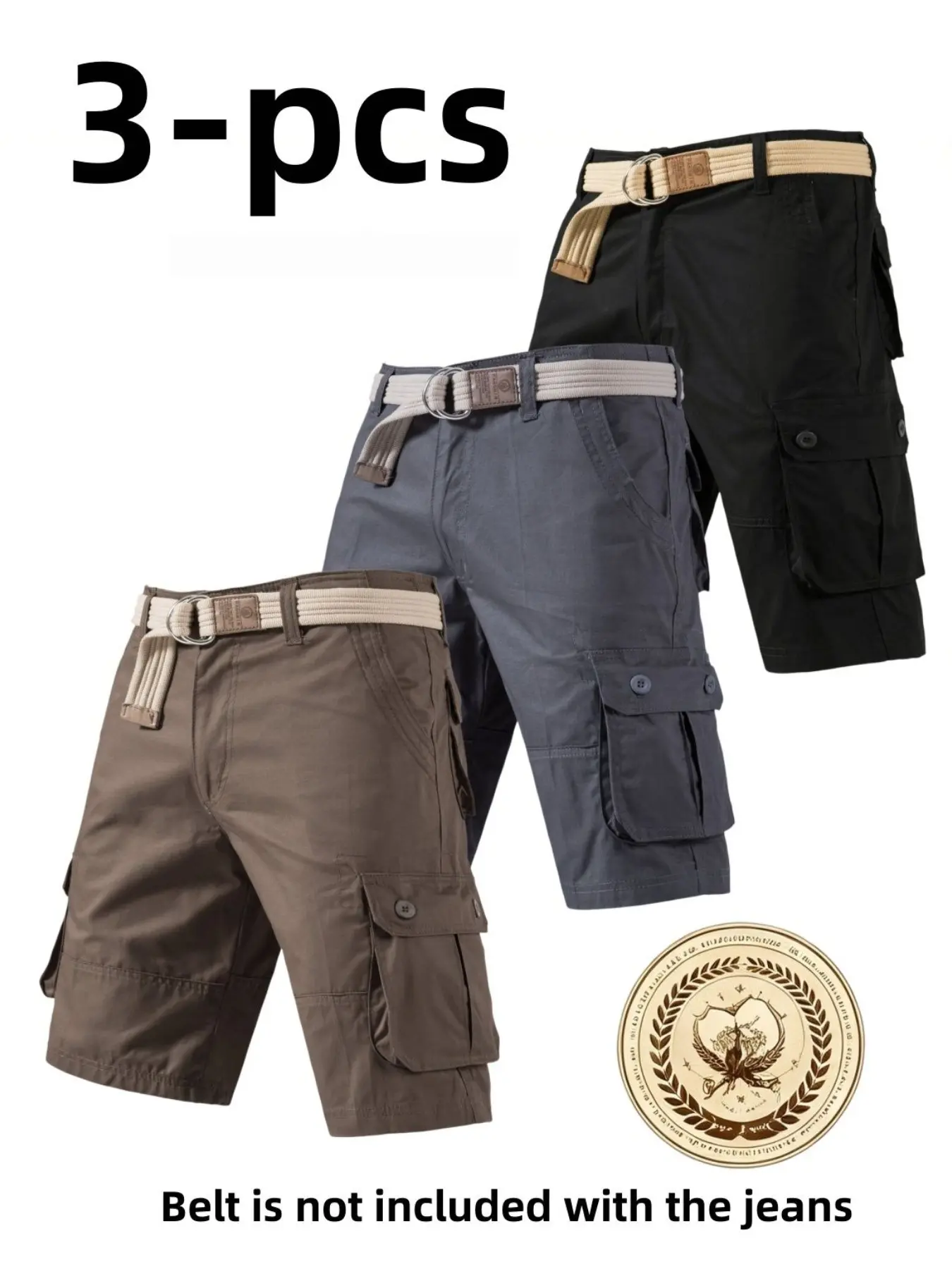 Men's Tactical Shorts, 3-Pack Casual Pants, Multi-Pocket, Durable, Loose Fit, Outdoor Camping, Hiking, Travel, No Belt Included
