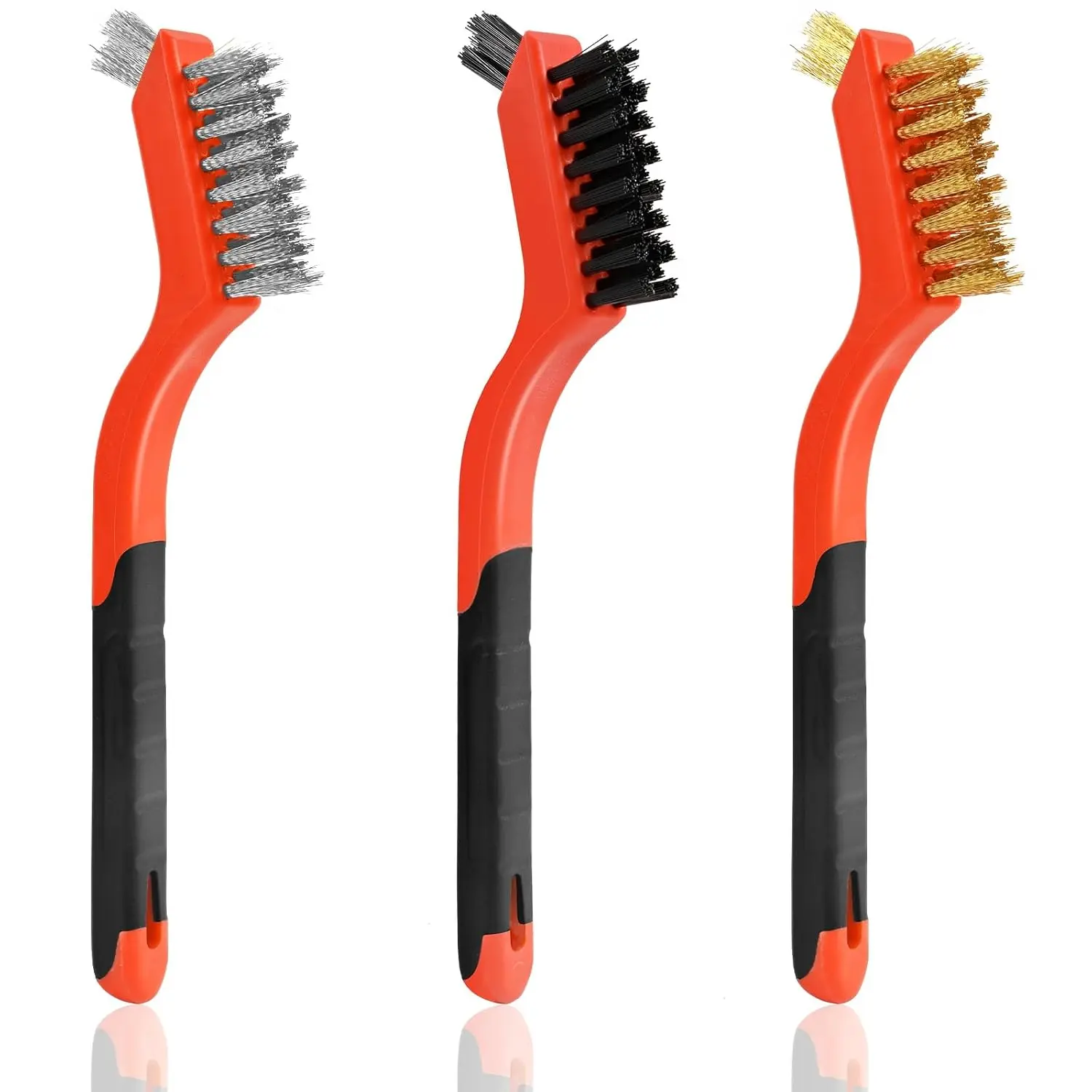 3 count Wire Brushes for Cleaning Rust, Upgrade Wire Brush Set - Brass/Stainless Steel/Nylon Bristles, Small Metal Wire Brush with Curved Handle Grip, Wire Brushes for  and Stain, 7 Inches (3pcs)