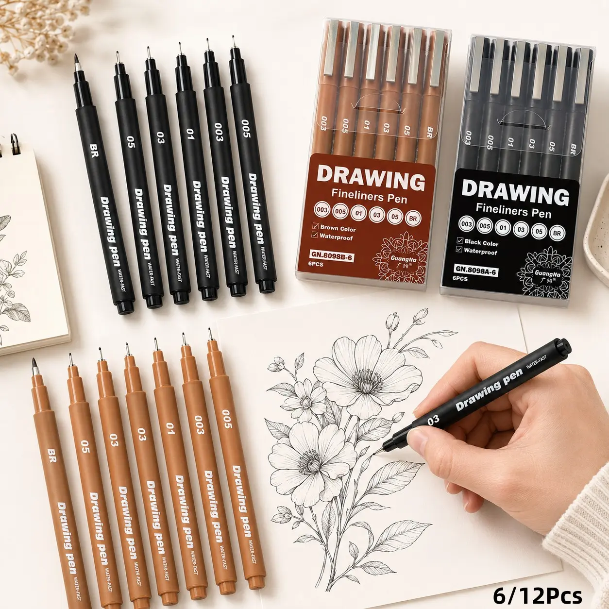 6Pcs Waterproof Fineliner Drawing Pens, Black/Brown Archival Ink Micro Line Markers for Professional Sketch Outlines, Anime Art, Illustration and Watercolor Painting