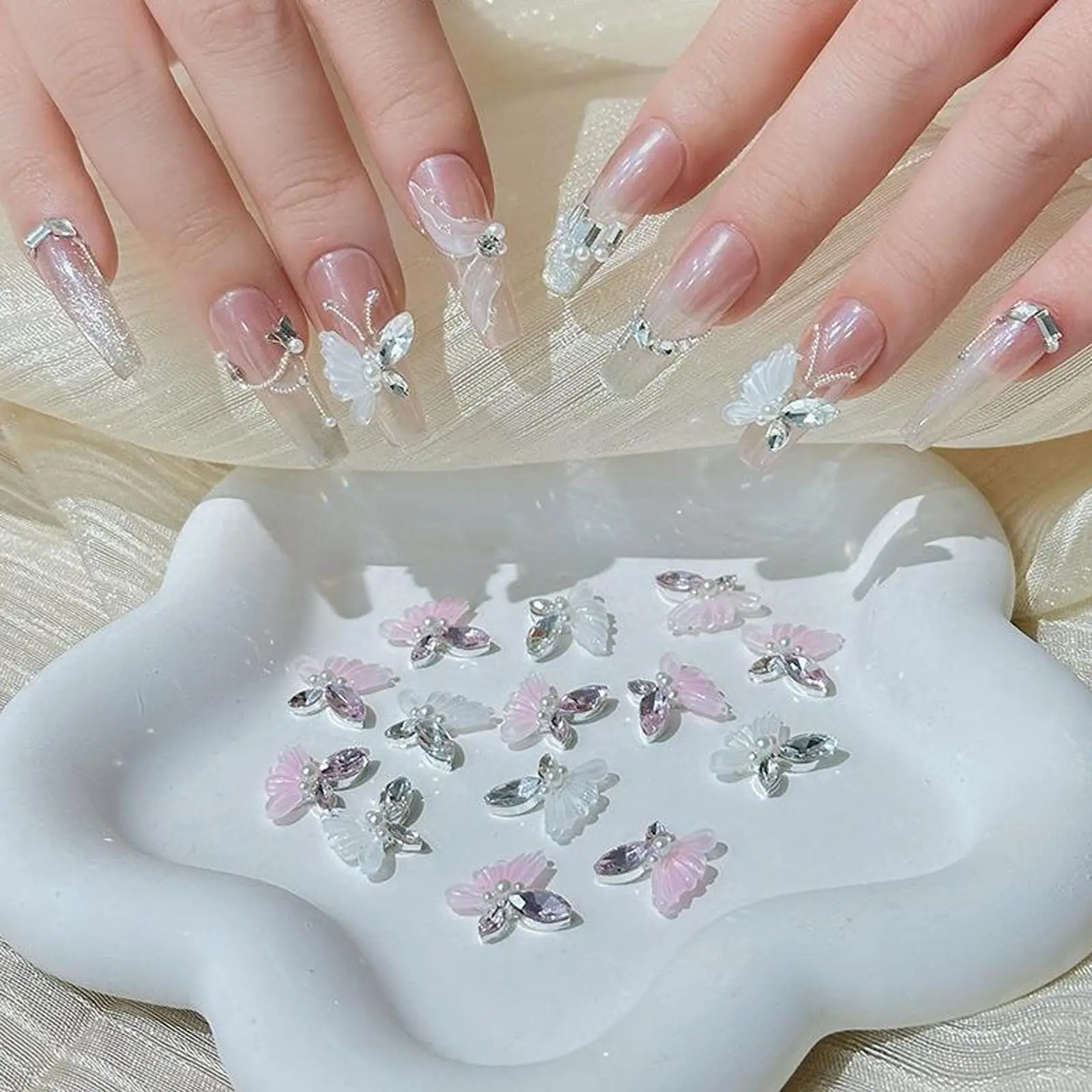 5pcs 3D Sheer Butterfly Nail Charms, Resin Organza Butterfly Nail Decorations with Crystal Rhinestone & Pearl, Pink White Bow Butterfly Nail Studs for Gel Nails DIY Manicure