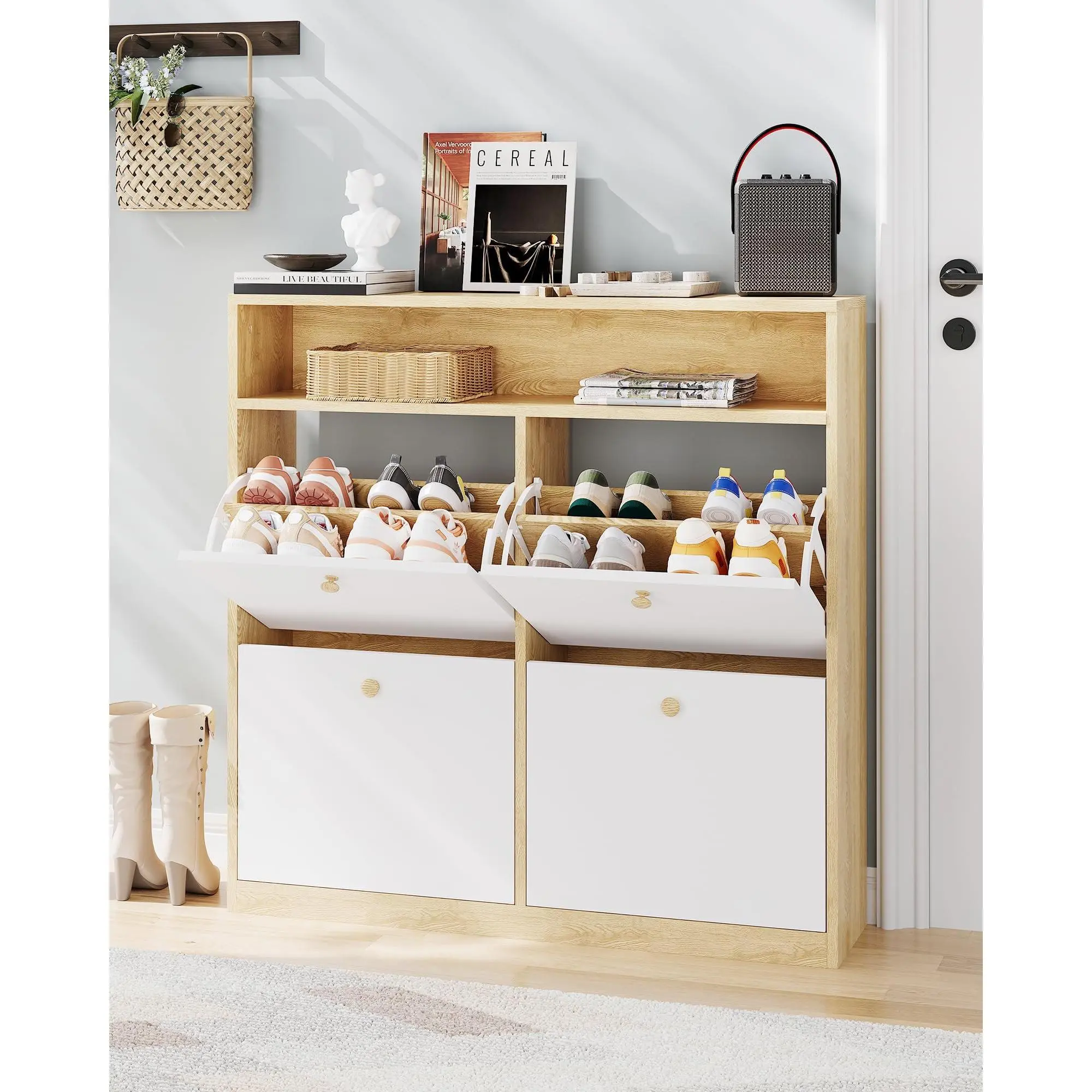 Narrow Shoe Cabinet with 4 Flip Drawers & Open Shelf, Freestanding Wooden Shoe Organizer for Slippers Sneakers Heels Boots, for Entryway Hallway Porch