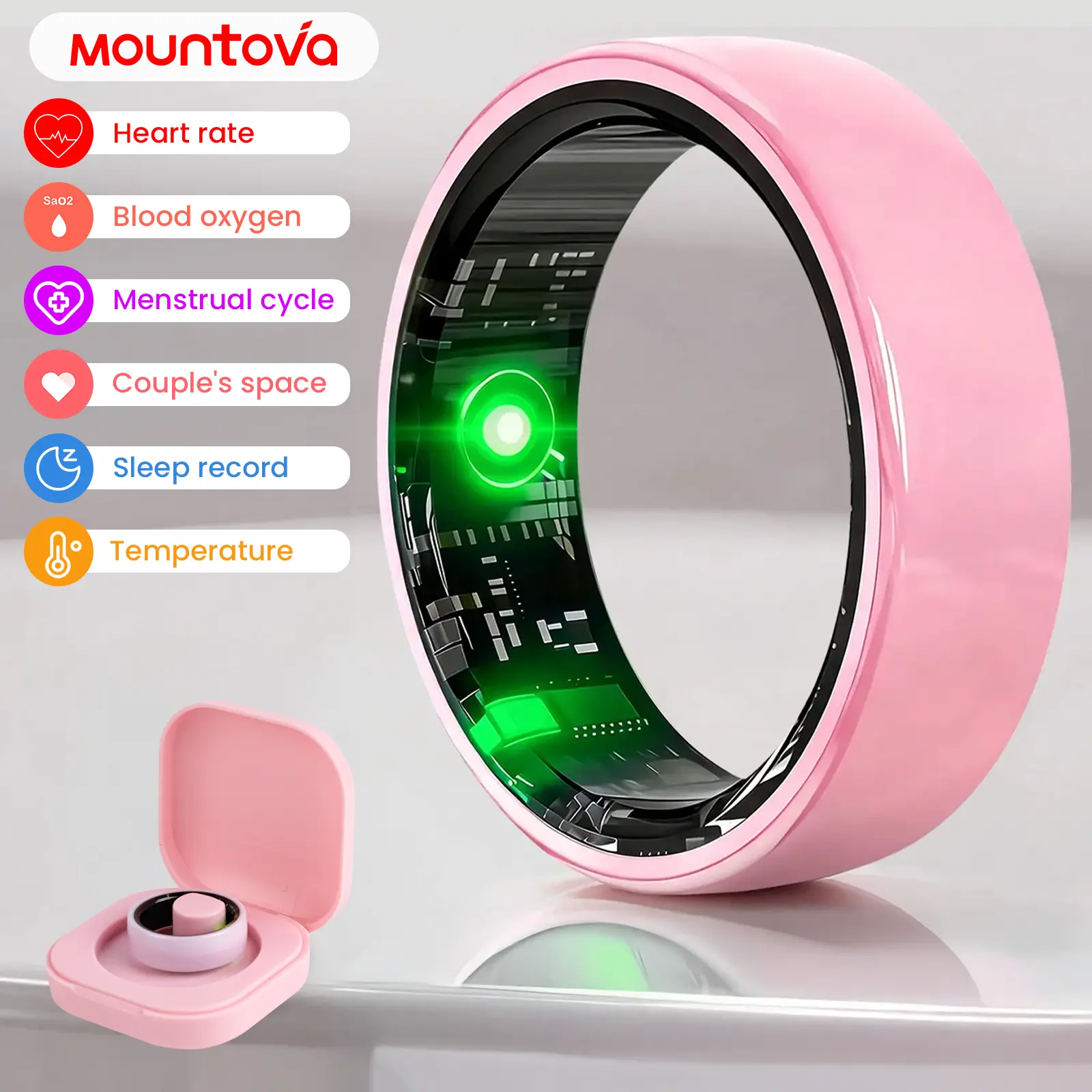 mountova AI Smart Ring for Women & Men, Ceramic & Stainless Steel 5 Colors, Slim 2.9g Health Tracker Ring, Heart Rate Blood Oxygen Sleep Stress Monitor, 5ATM Waterproof, 5-7 Day Battery, White Pink Black Rose Gold Gunmetal, Charging Case, iOS Android