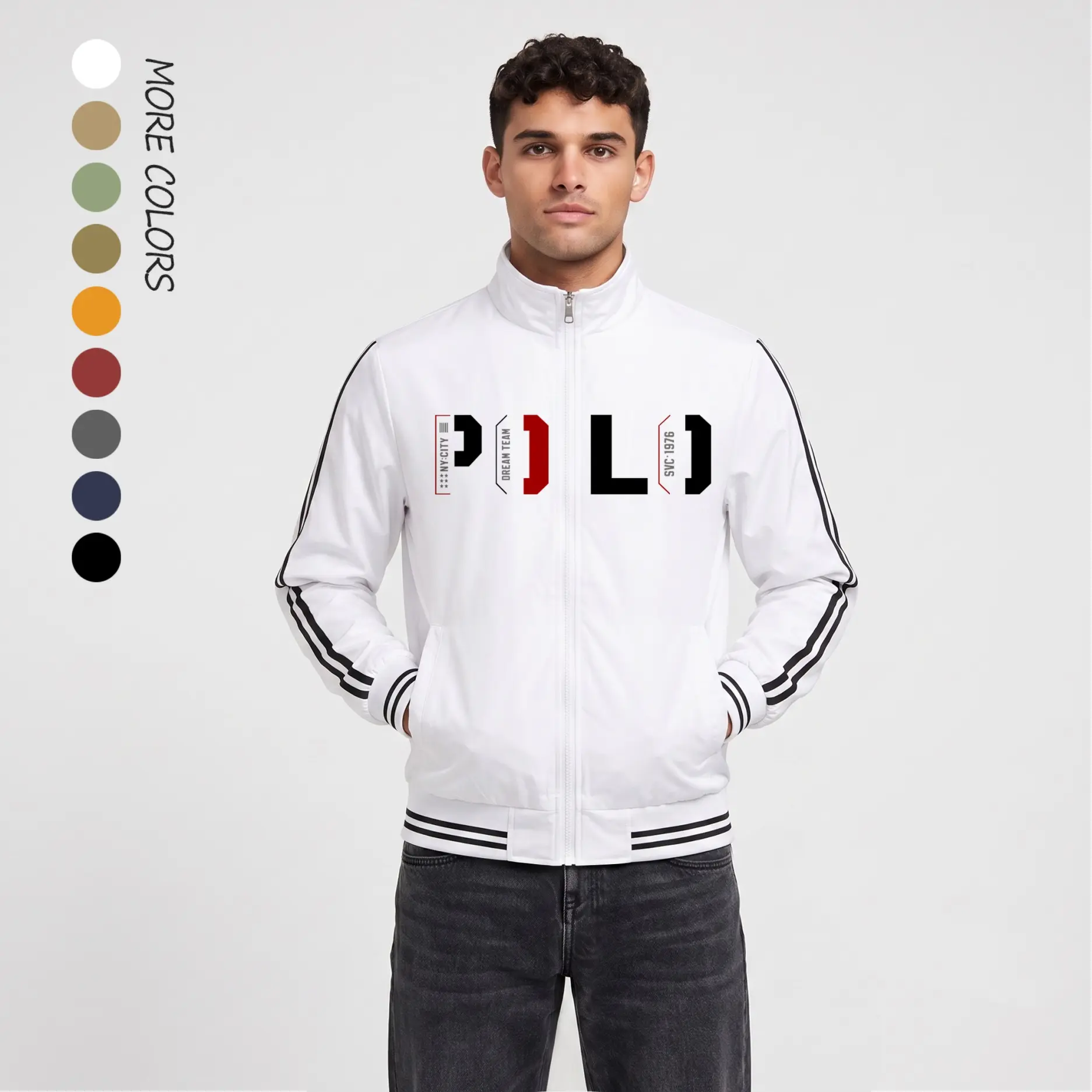 Men’s Heritage Sports Graphic Bomber Jacket – Lightweight Zip Flight Jacket with Retro Letter Print, Stripe Accents & Modern Streetwear Style
