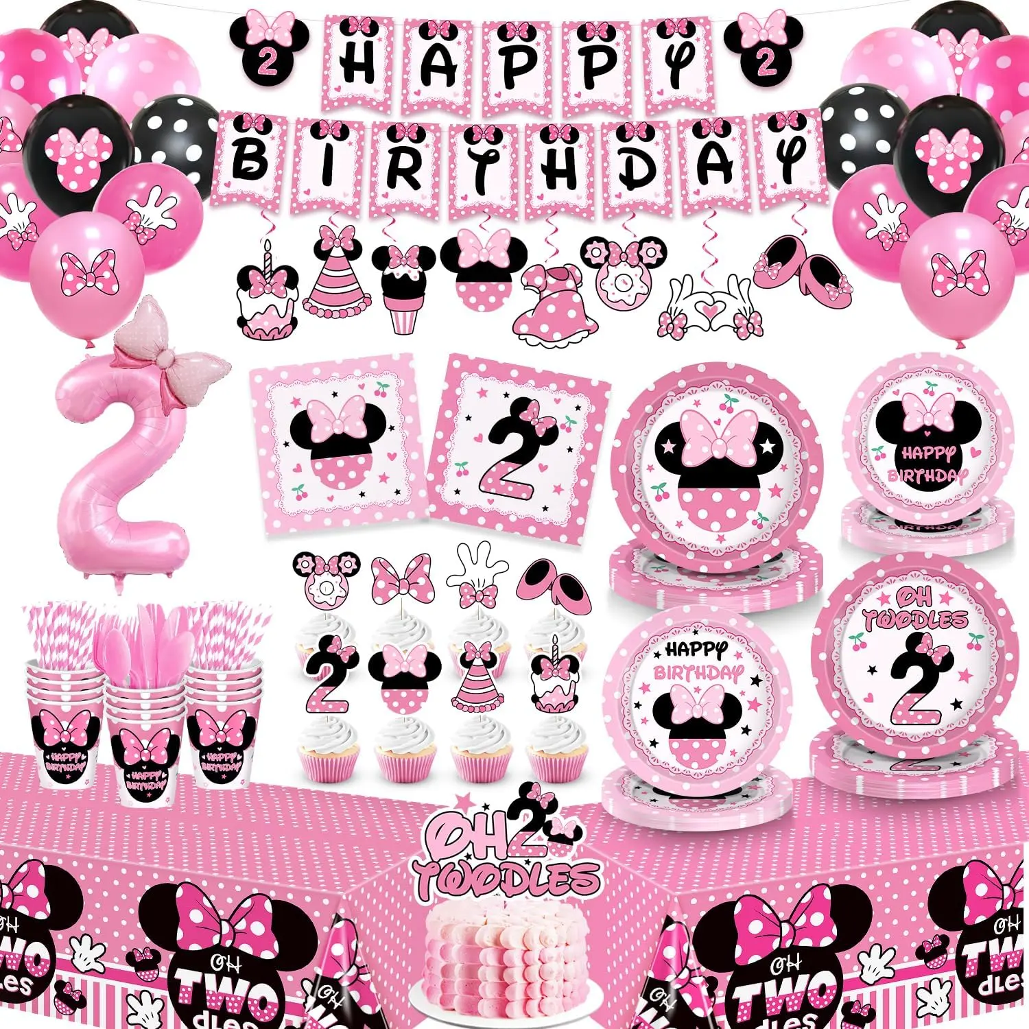 247-Piece Oh Twodles Cartoon Mice 2nd Birthday Party Supplies Set for Girls, Sturdy Paper Plates, Cups, Napkins, Tablecloth, Banner, Inflated Balloons for 24 Guests (Black Pink Second Birthdays Decor)
