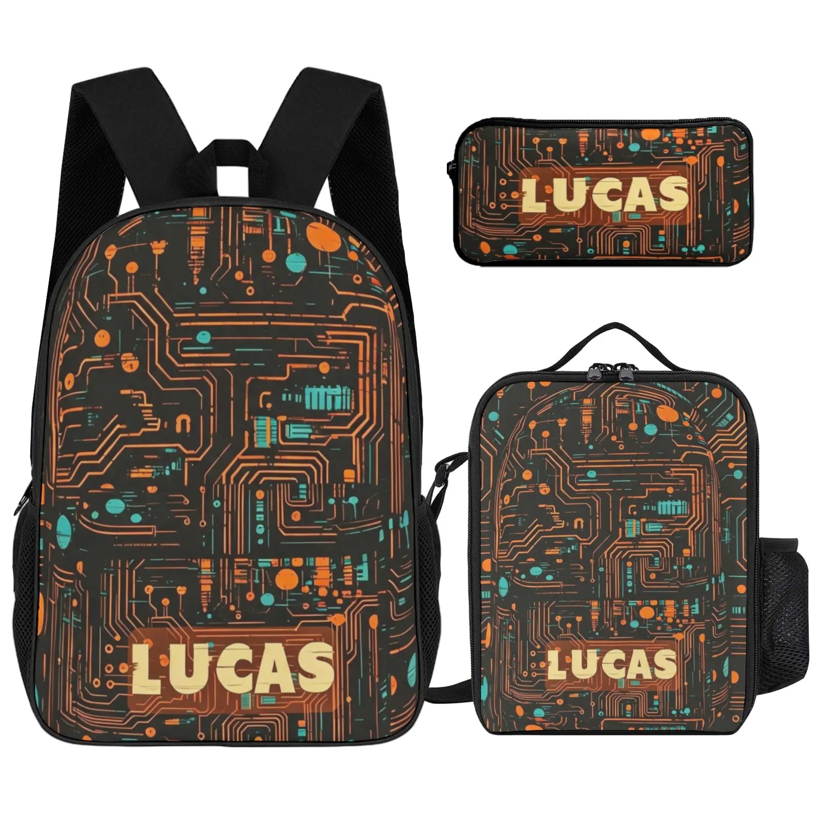 Custom Name Cyberpunk Backpack for Teens, Glitch Tech Circuit Board All Over Print School Rucksack Kit with Lunch Bag and Pencil Case, Large Capacity Student Daypack, Futuristic Tech Style Back To School Birthday Gift