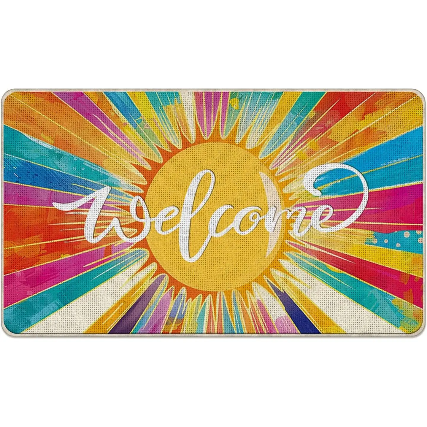 Colorful Sunshine Welcome Front Door Mat, Boho Rainbow Sun Sunburst | Decorative Doormat Non-Slip Floor Entryway Rug, Spring Summer Low Profile Indoor Outdoor  Kitchen Decoration 17x29 Inches