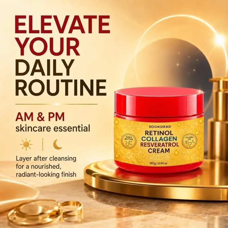 Retinol Collagen Resveratrol Cream, Shea Butter, Jojoba Oil, Gentle Nourishment, Deeply Moisturizing, Daily Skincare, All Skin Types, 140g