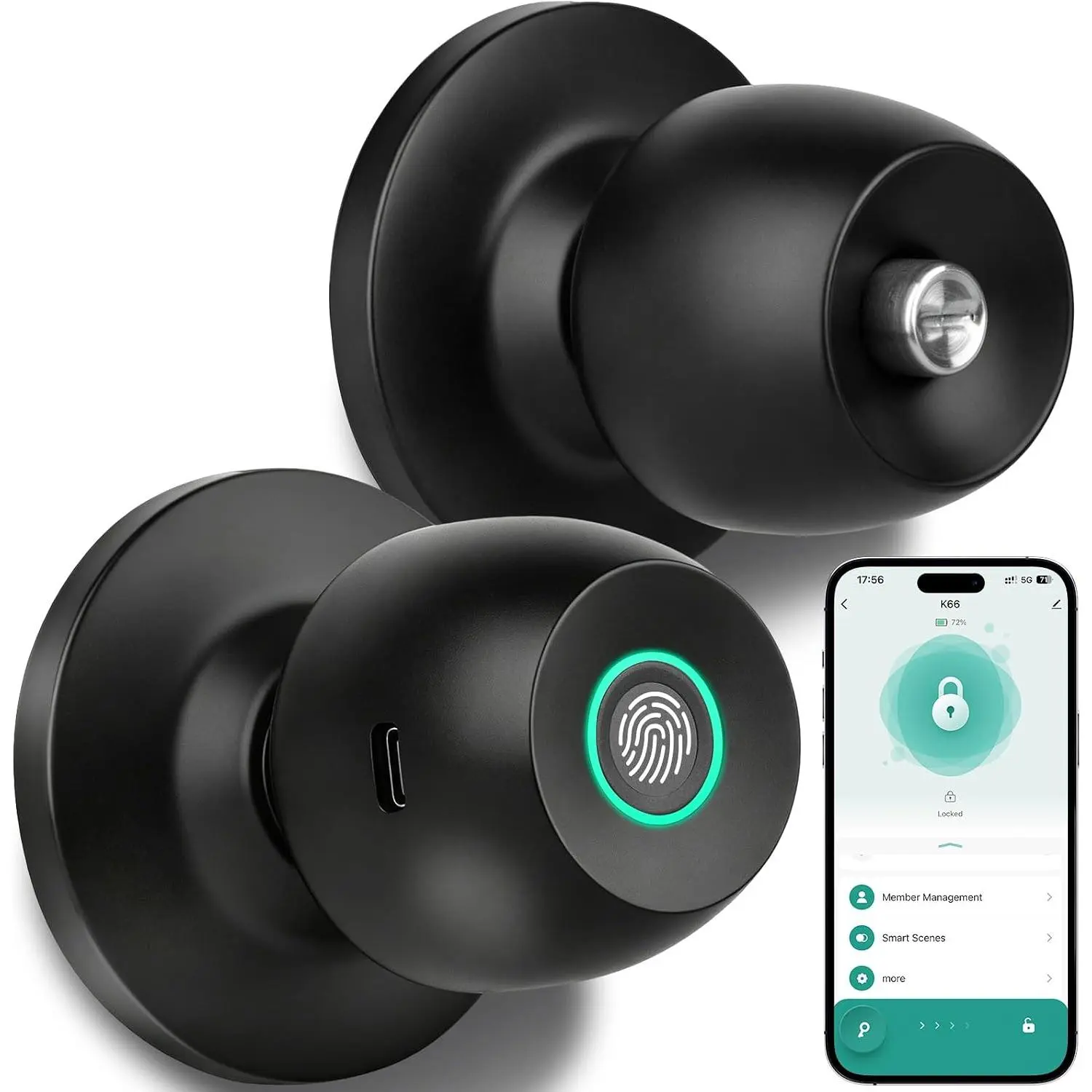 Fingerprint Door Knob Lock for Bedroom with App and Backup Key | Keeps Private Rooms Secure, Supports Family Access, Rechargeable Use, No Fees, And Simple Setup for Daily Indoor