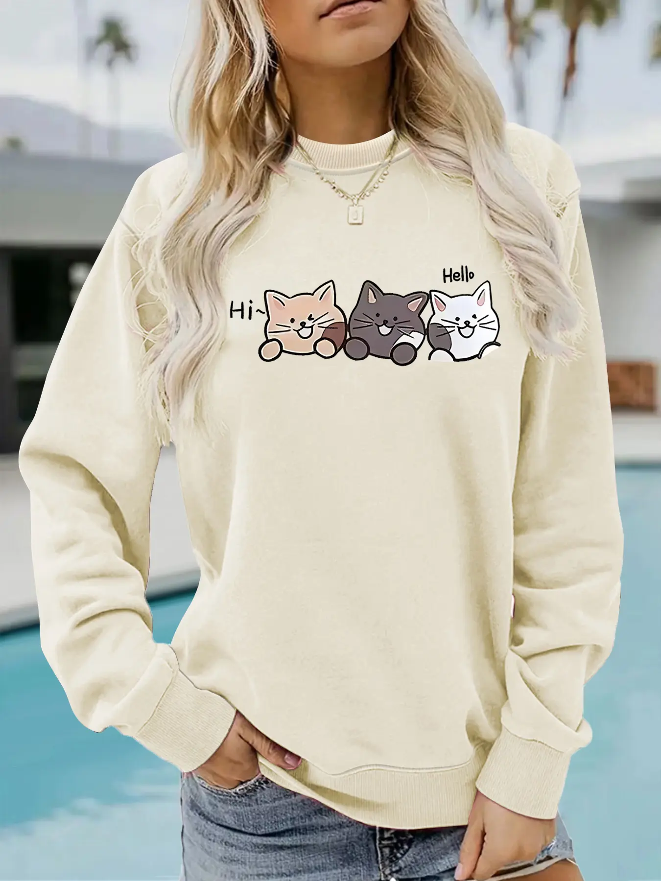 Women's Casual Cartoon Cat Pattern Sweatshirt, Soft Long Sleeve Round Neck Thin Hoodie, Comfortable Daily Wear, Durable Fabric