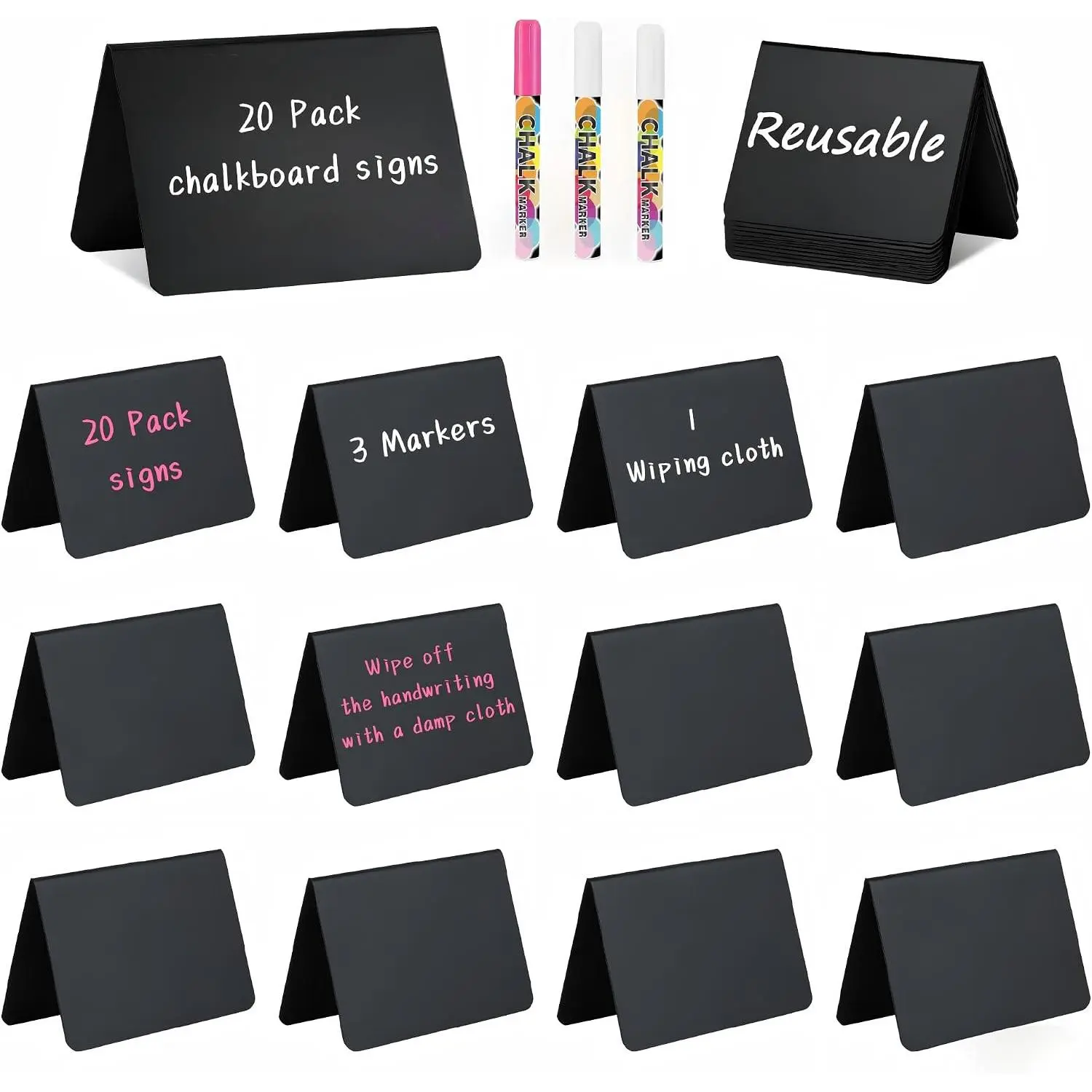 20 Pack Mini Chalkboard Signs - 4x3  Plastic Table Labels with 3 Chalk Markers |  Erasable  Tags for Buffet, Wedding Table Numbers & Party Decoration