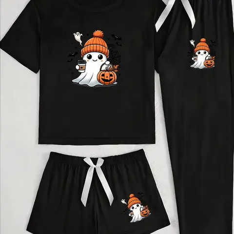 Cute Ghost Women's Three-Piece Pajama Nightwear Set, Cartoon Pattern, Loose-Fitting Casual Style for All Seasons, Unlined, Plain Surface
