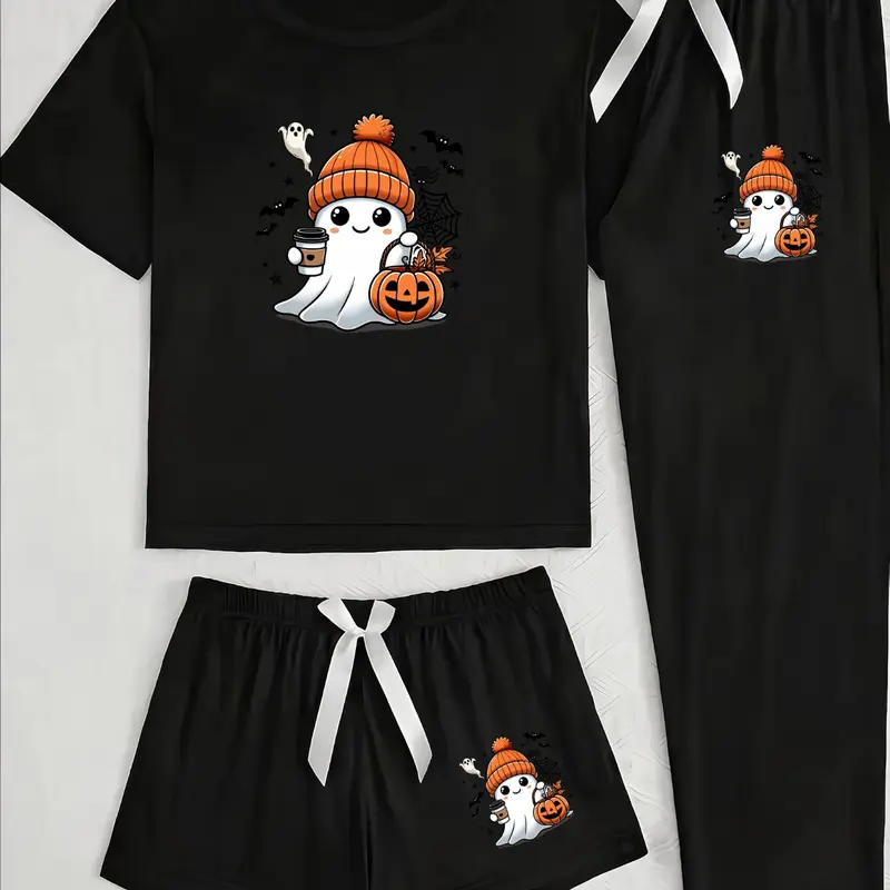 Cute Ghost Women's Three-Piece Pajama Nightwear Set, Cartoon Pattern, Loose-Fitting Casual Style for All Seasons, Unlined, Plain Surface