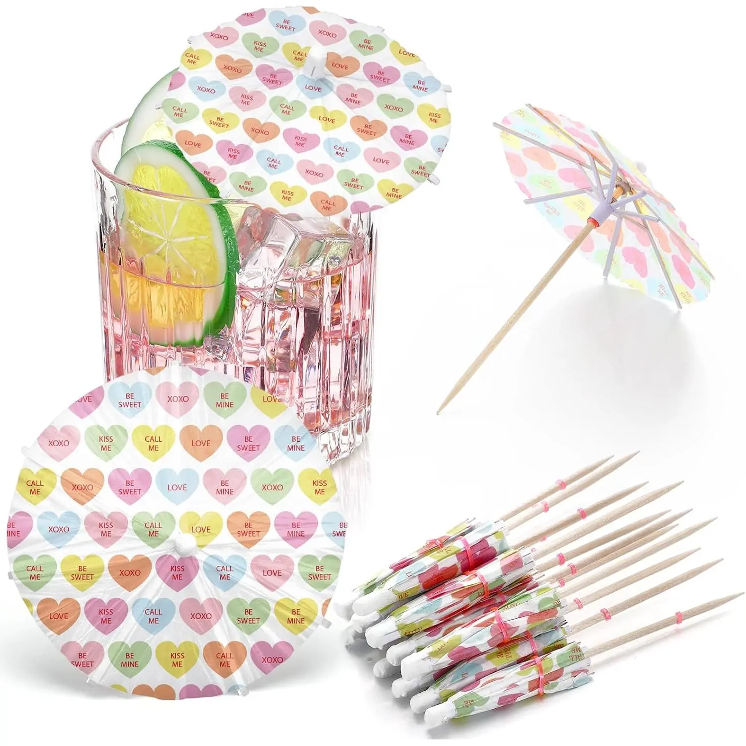 100 count Valentine's Day Drink Umbrellas  Conversation Heart Umbrella Drink Sticks Toothpicks  Umbrellas Pick Paper Cupcake Topper Stick for Party Appetizers Restaurant Bar