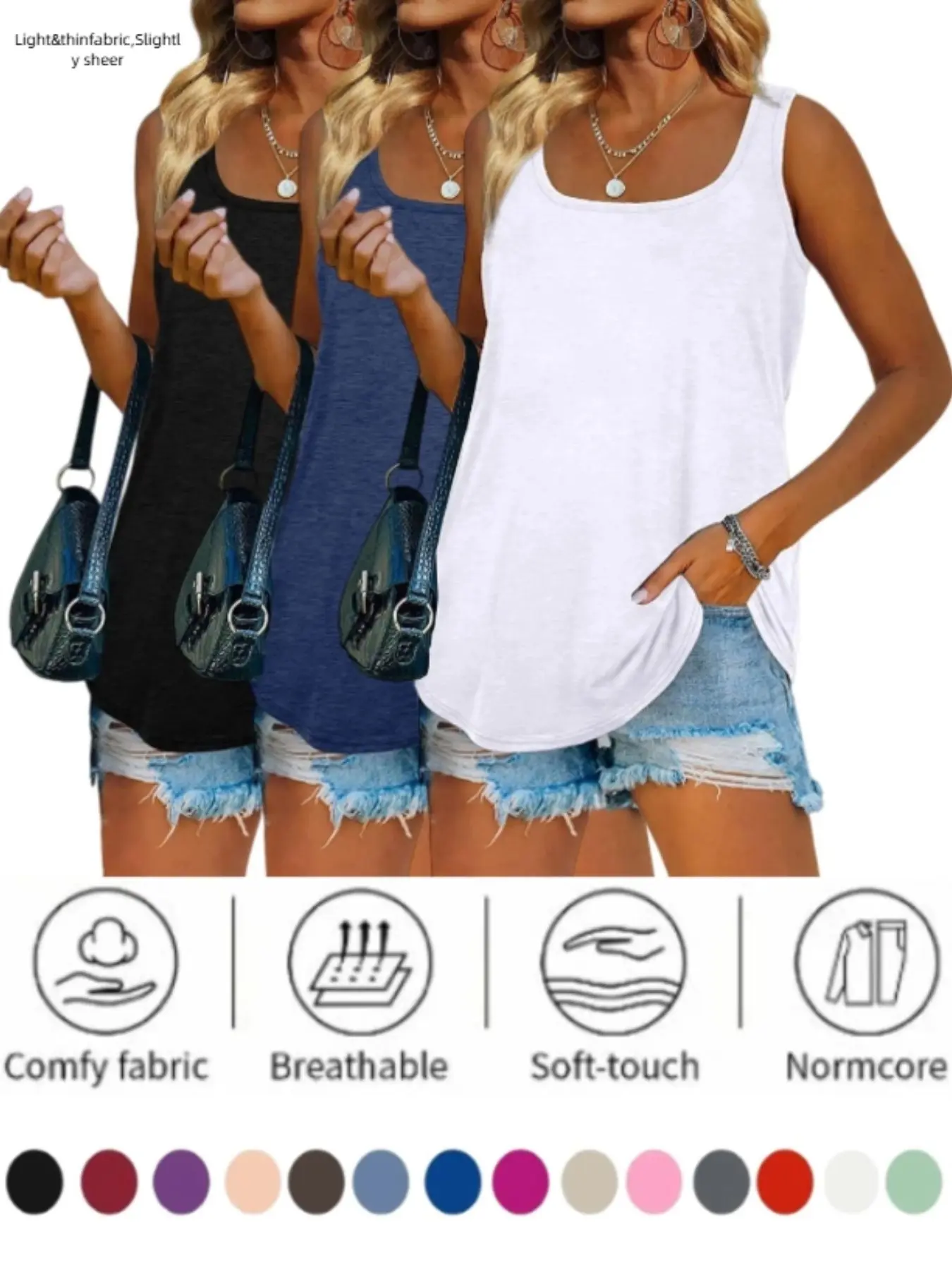 2026 Women's Casual Basic Loose Solid Square Neck Summer Breathable Sleeveless Tank Tops