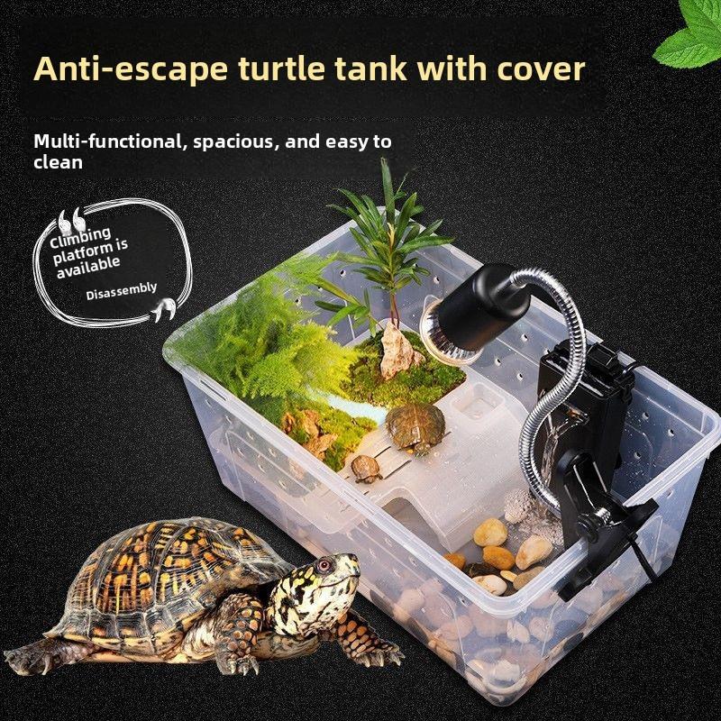 Plastic Small Turtle Tank with Basking Platform Decorative Pet Turtle Tank Brazilian Turtle Breeding Box Amphibious Box with Lid