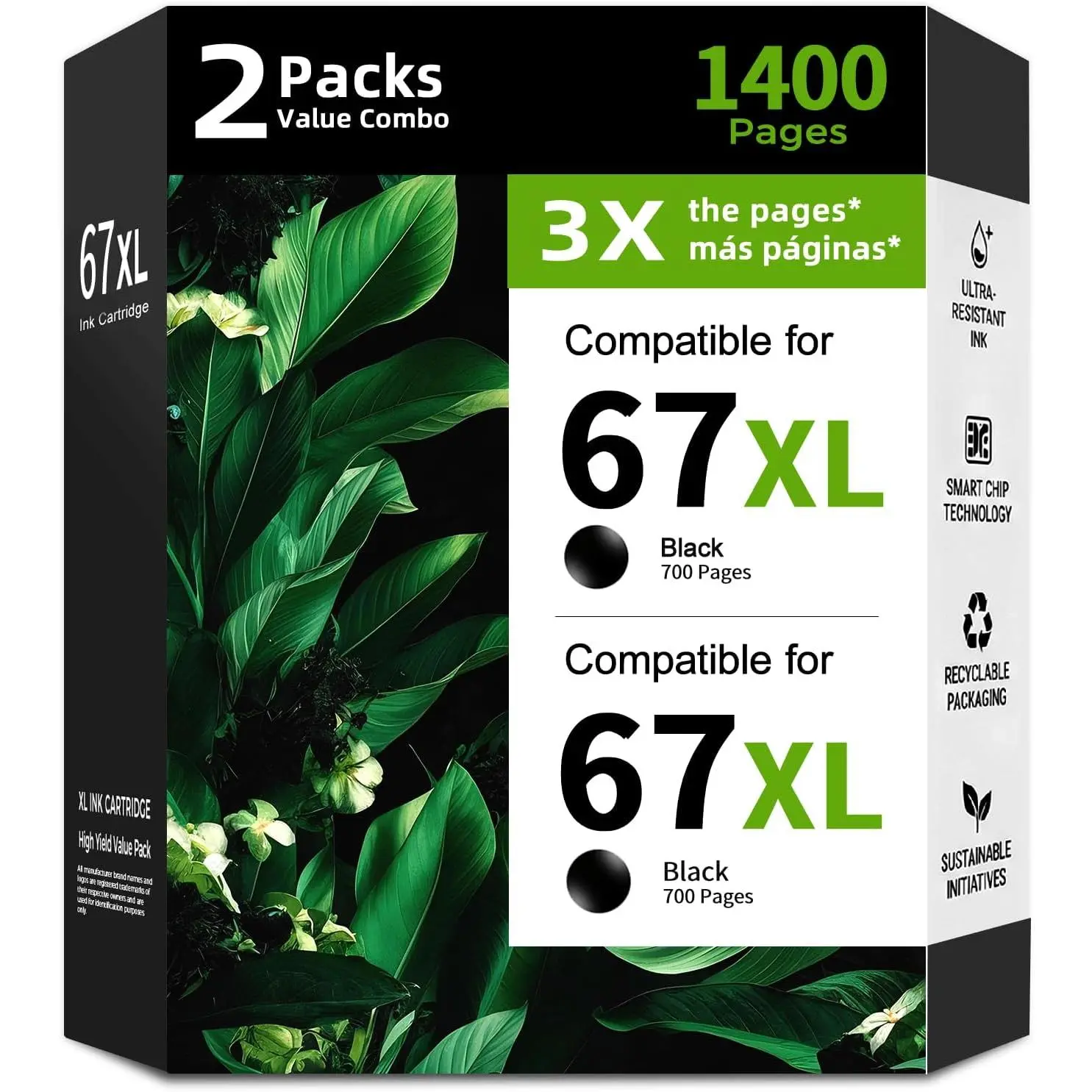 67XL Black Ink   for  67 HP67 XL High Yield Compatible for 2700 2700e 4100 6400 4155e 2755e 6000 2855e 2827e 2752e 4100e 6458 6455e 4152 6055e 6052e 4152e Printer,2 Pack