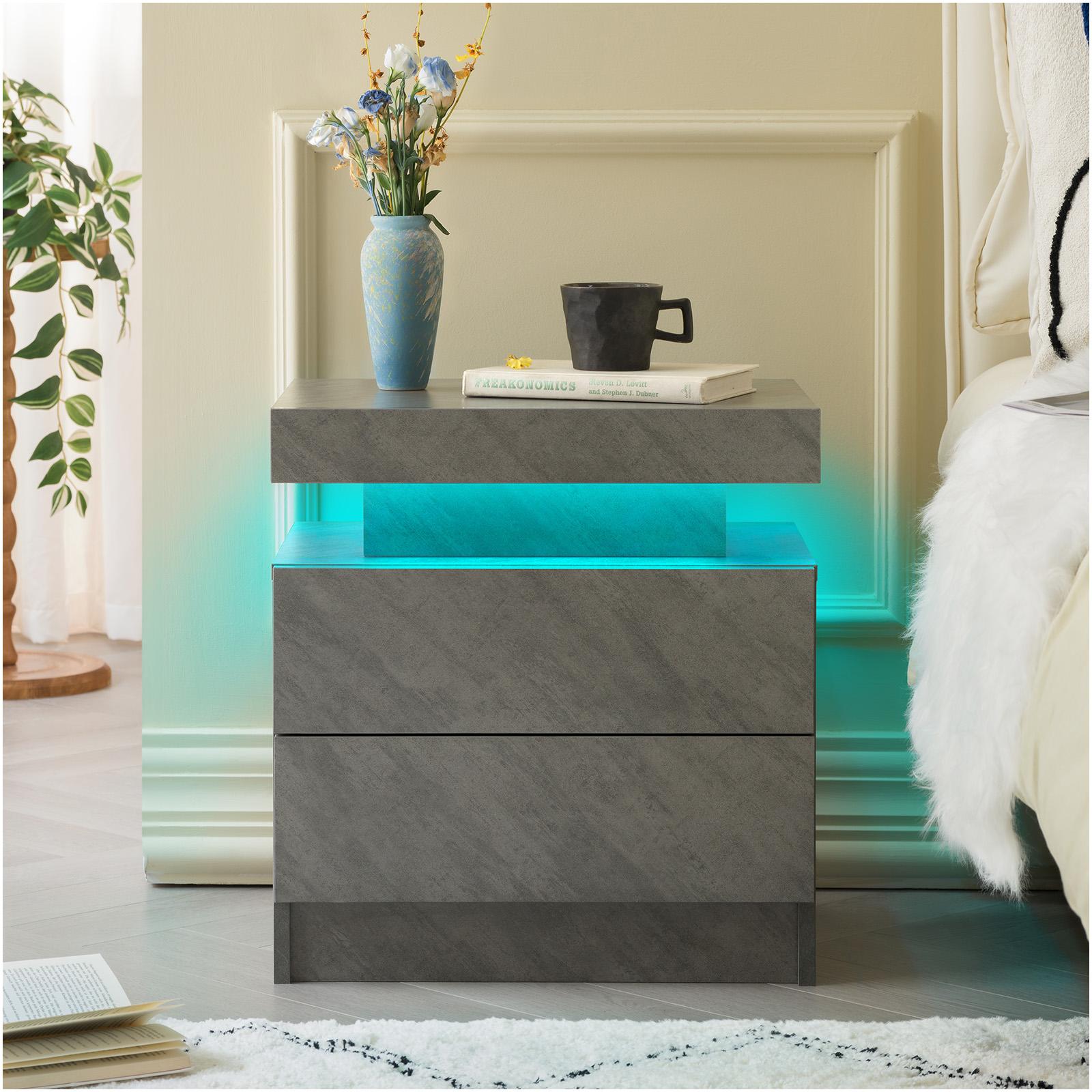 Nightstand LED Bedside Table Cabinet Lights Modern End Side with 2 Drawers for Bedroom (Deep Gray) On-Site