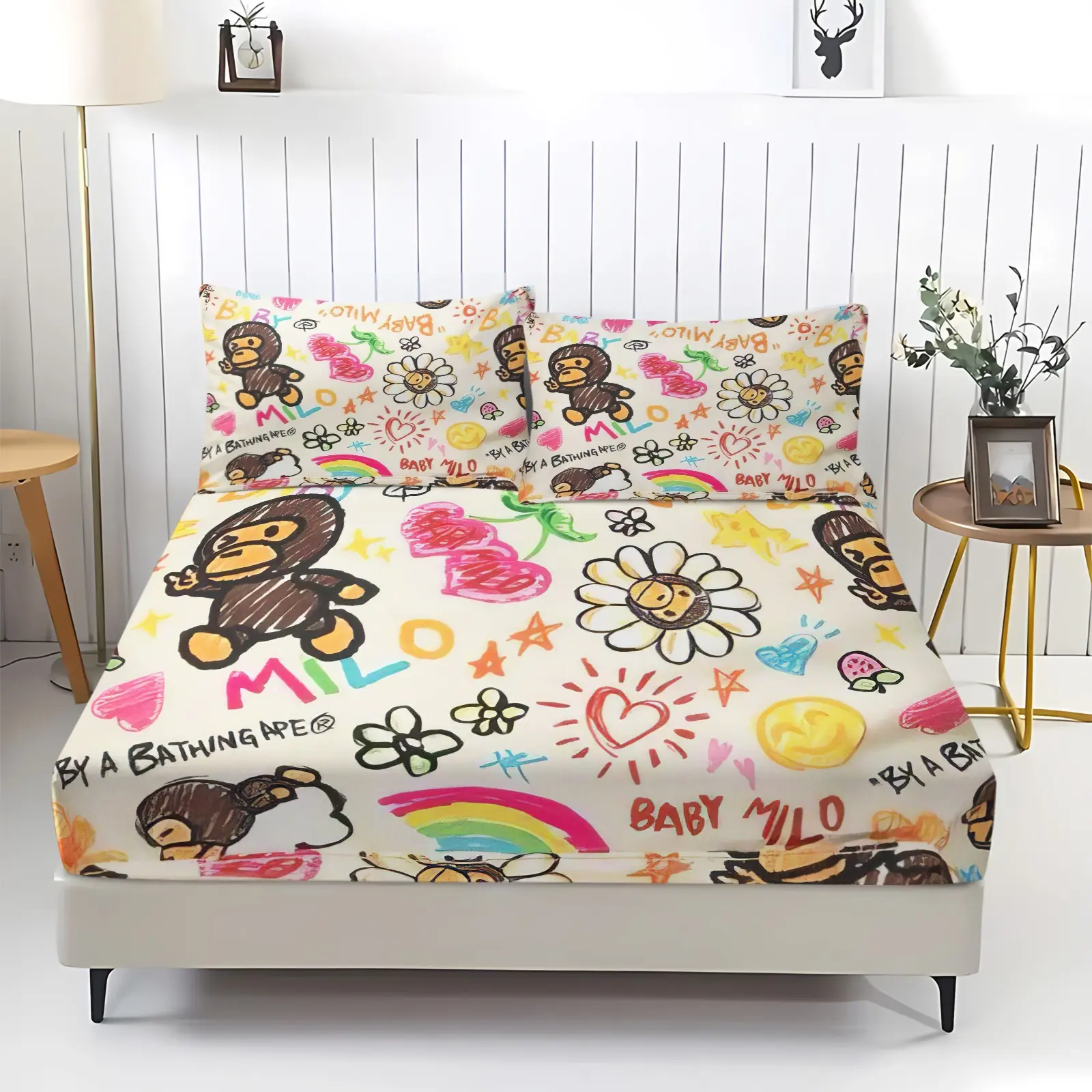 3pcs Cartoon Monkey Print Fitted Sheet Set – Bedding Set Featuring Rainbows, Hearts, Flowers,And Stars – Hand-Drawn Doodle Style – Durable, Deep-Pocket Design, Soft And Breathable – Ideal For Kids' And Teens' Bedrooms ,2 Pillowcases (Inserts Not Included)