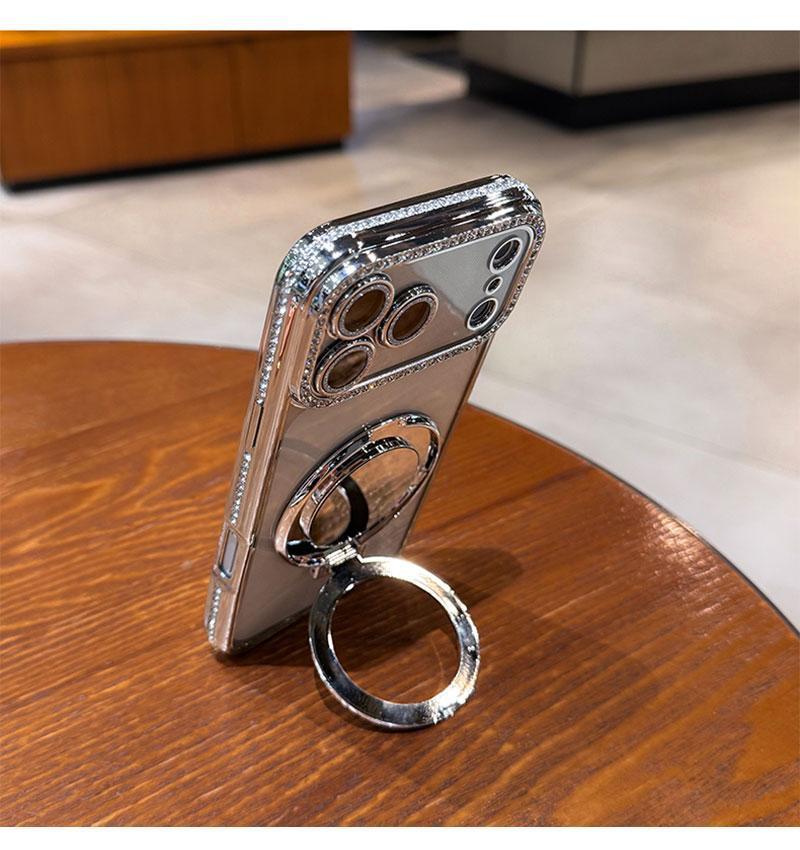 Women's Phone Case with Mirror & Stand for iPhone 12/13/14/15/16/17 Pro Max,17Air,14/15/16 Plus. Features a shiny frame, high-definition transparent material, and full-body drop-resistant design.