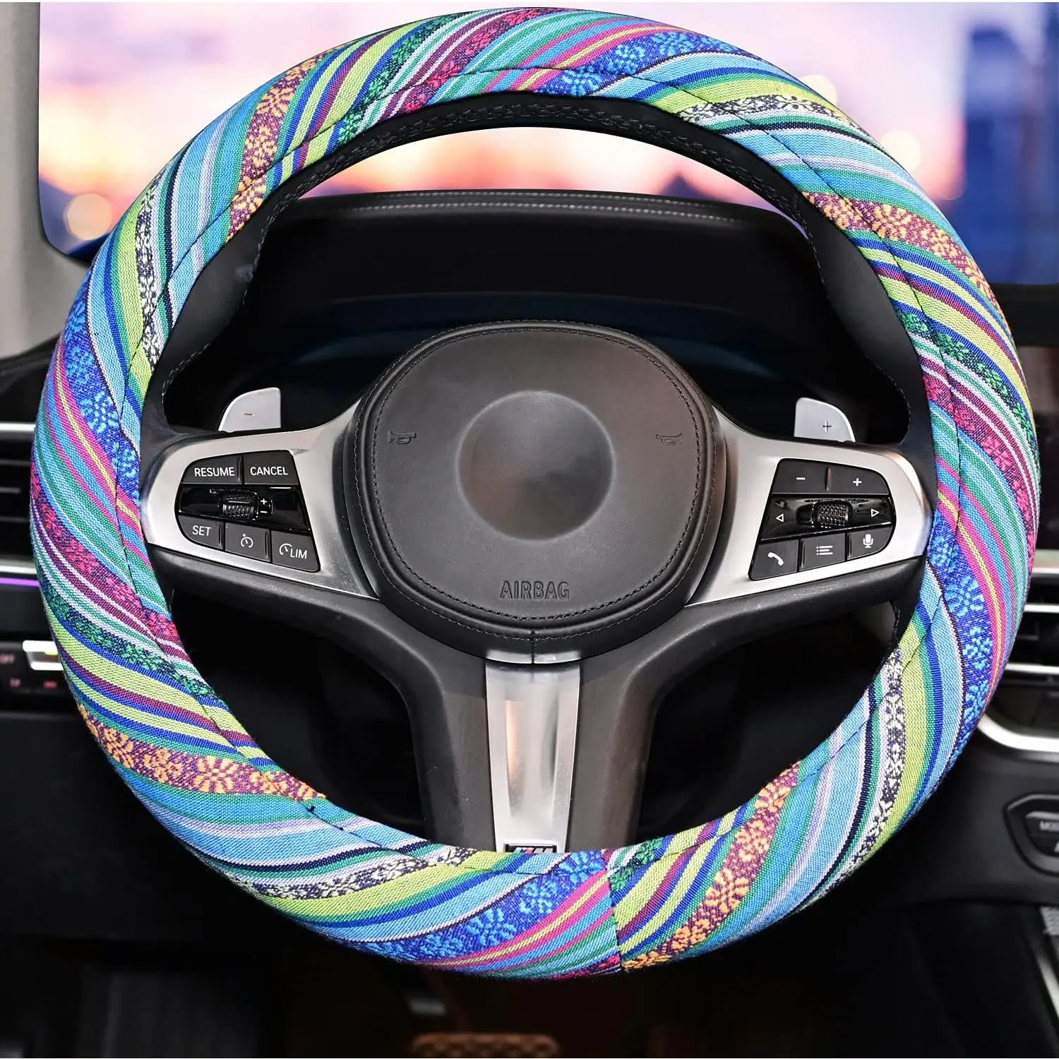 15in Ethnic Boho Style Car Steering Wheel Cover, Coarse Synthetic Flax Cloth, Moisture-Absorbing Anti-Slip Interior Grip Wrap (Boho Blue), Absorbs Moisture