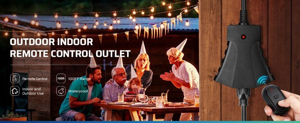 L-PSP001  Outdoor Remote Control Outlet, Wireless Remote Outlet Power Switch, Weatherproof 15 A Heavy Duty Electrical Plug, 3 Grounded Outlets for String Lights, 100Ft Range, UL Listed