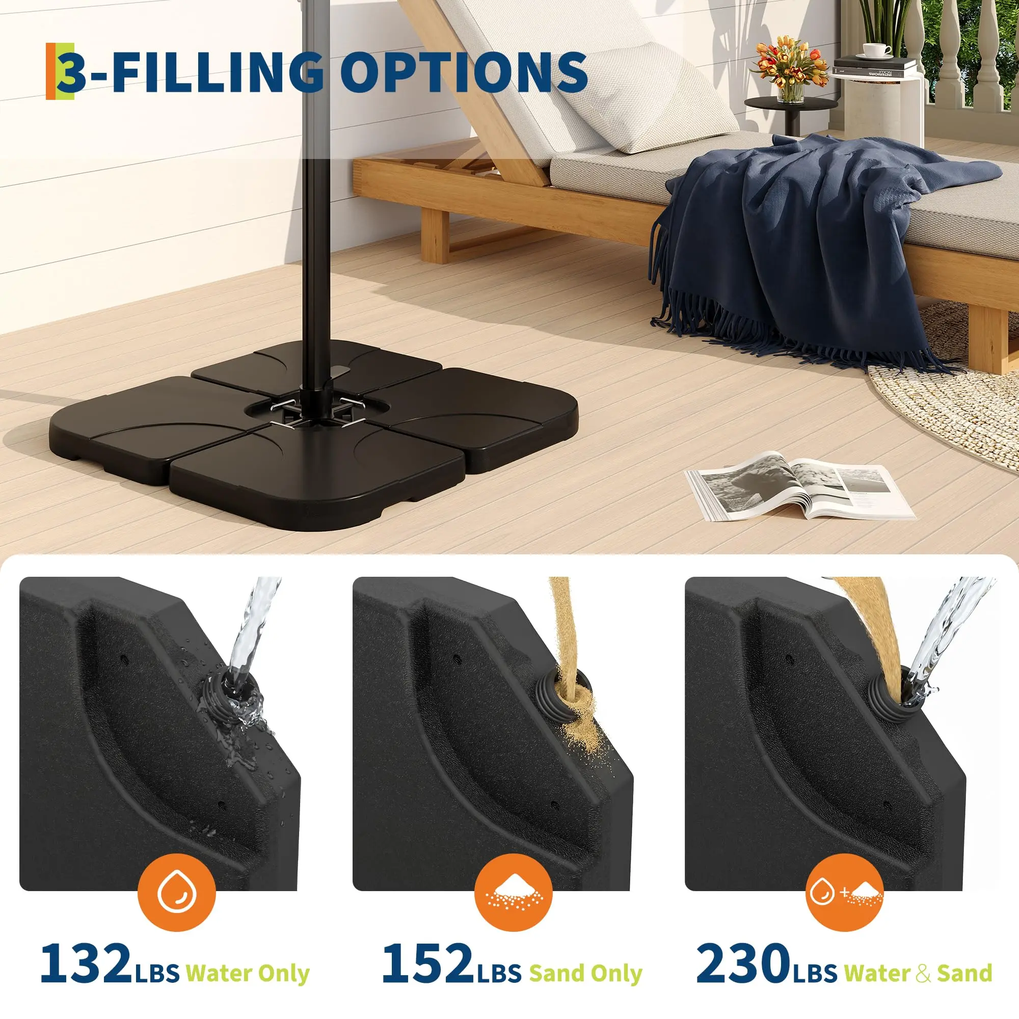 1-Piece Heavy-Duty Cantilever Offset Parasol Stand & Base, Outdoor Parasol Stand & Base, 230LBS Weight Capacity, Water-Sand Fillable, Lock Pins for Secure Fit, for Deck Poolside, Outdoor Parasol Stands & Bases, Heavy-Duty Outdoor Parasol Stands & Bases