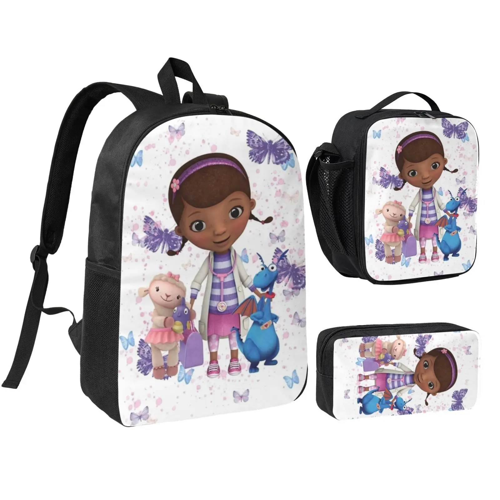 Anime Doc Mcstuffins2 3Pcs School Backpack Set for Teen Boys Girls, Adjustable Strap Kids Bookbag with Insulated Lunch Bag & Pencil Case, Multipurpose Backpack for School Travel Office
