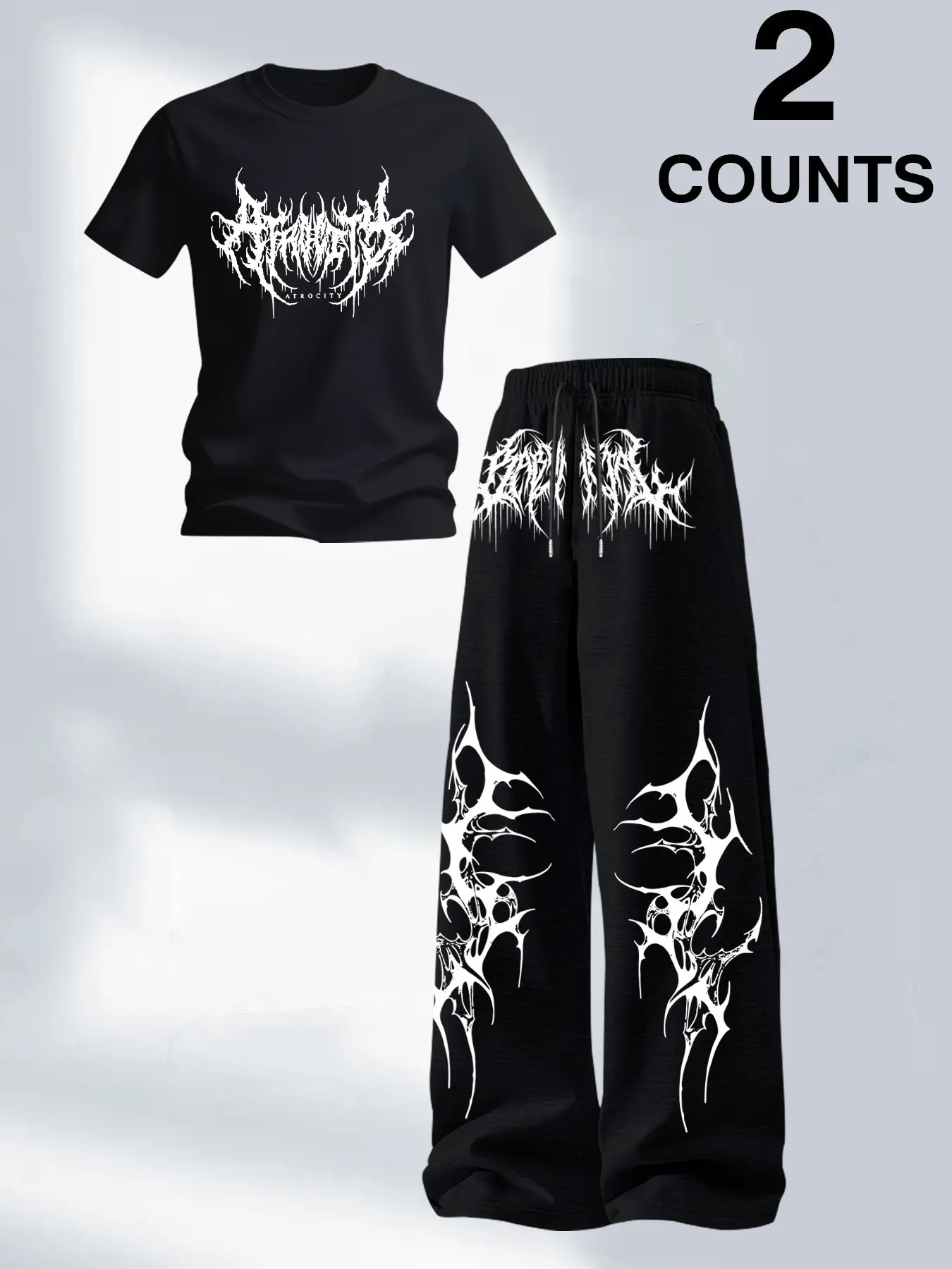 Men's Two-Piece Fashion Casual Set, Gothic Round Neck T-Shirt and Drawstring Wide Leg Pants, Summer Home, Versatile T-Shirt and Long Pants
