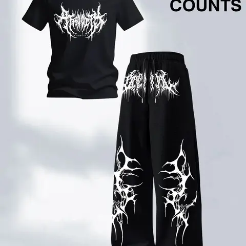 Men's Two-Piece Fashion Casual Set, Gothic Round Neck Graphic T-Shirt and Drawstring Wide Leg Pants, Summer Home, Versatile T-Shirt and Long Pants, Gothic Clothes