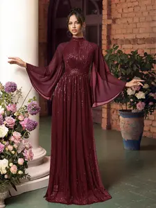 Women's Long Sleeve Sequin Embroidered Abaya Dress, Spring Summer Casual Wear, Elegant Design, Flowing Style, Perfect for Daily Use
