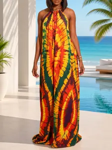Women's Bohemian Style Dress, Colorful Tie-Dye Print, Backless Halter Neck, Long Flowing Skirt, Casual Beach Travel