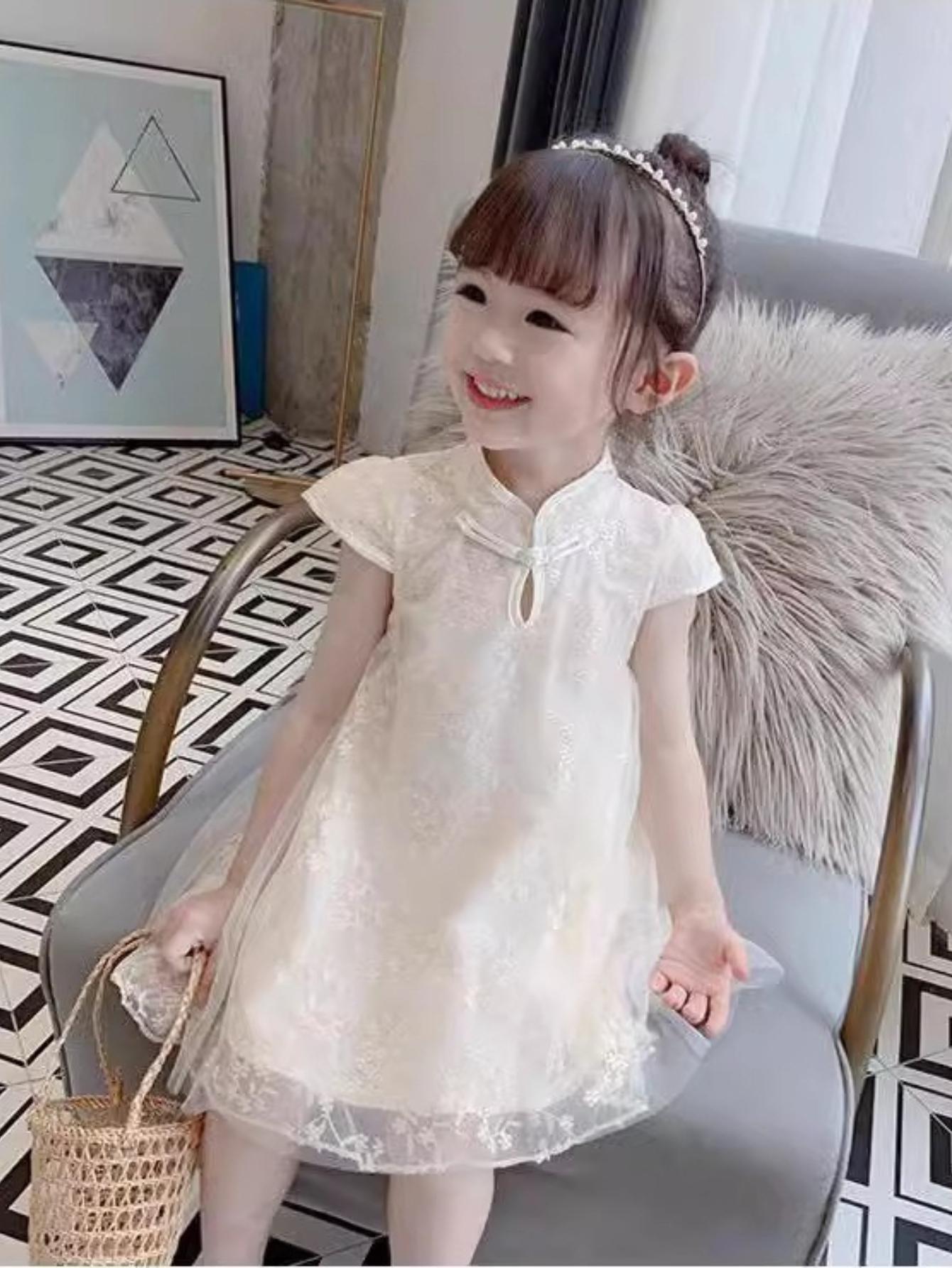NewGirls' Clothing New Chinese Style Cheongsam Mesh Dress Summer Clothing Cheongsam Dress Princess Dress Loose Girl Dress, Simple and Generous Fashion Classic Casual Versatile, Outdoor Activities, as Gifts, Daily Parties