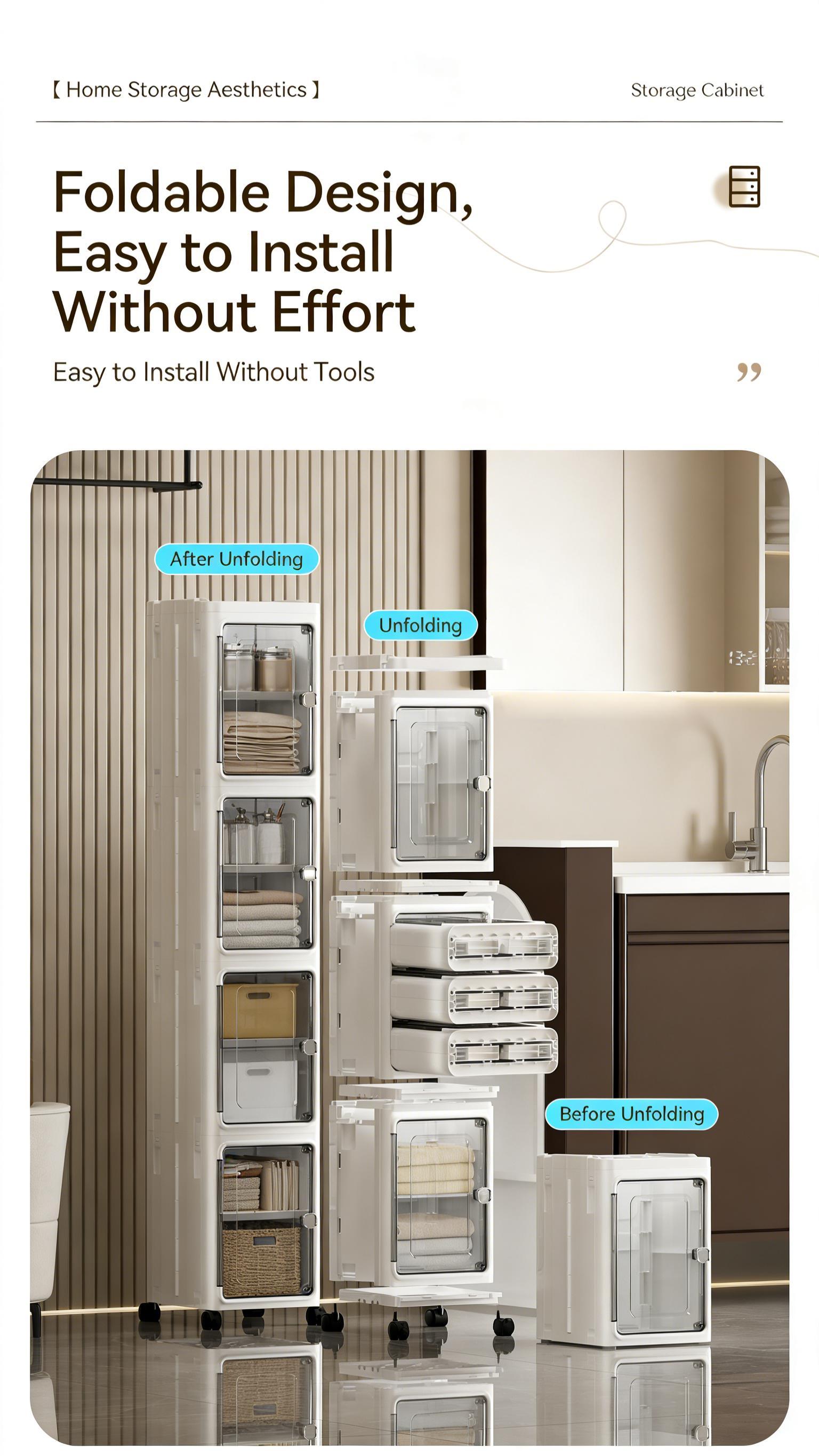 Stackable 5-Tier Plastic Storage Boxes with Wheels & Lids, Folding Design for Home Office Dorm Organization (White)